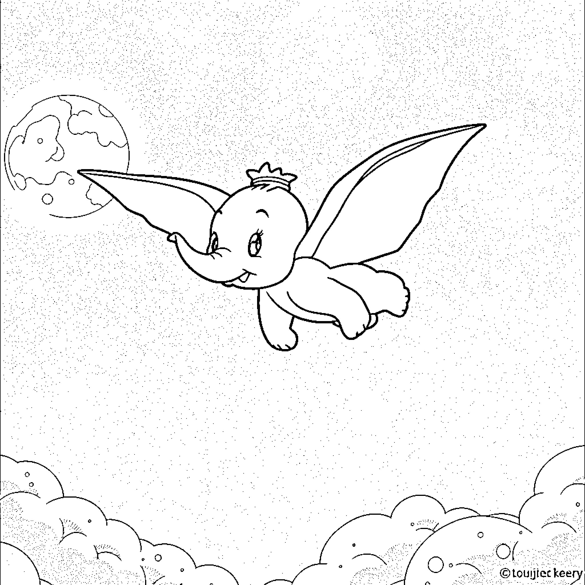 Dumbo the Elephant Flying in the Moonlit Sky Coloring Page (free black-and-white line drawing printable PDF for all, from beginners to advanced learners, including children, teens, adults, and seniors)