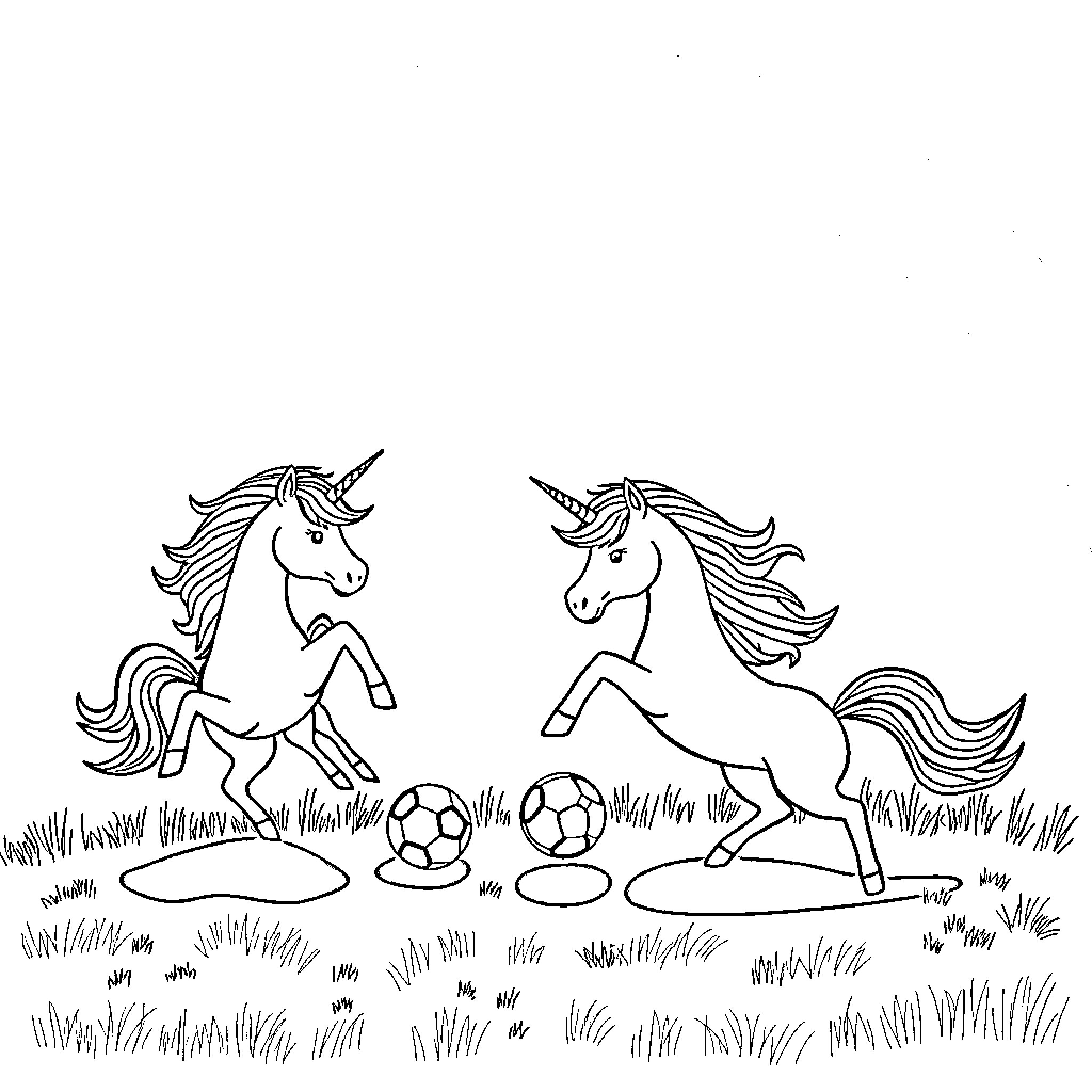 Unicorns playing a friendly soccer match Coloring Page (free black-and-white line drawing printable PDF for all, from beginners to advanced learners, including children, teens, adults, and seniors)