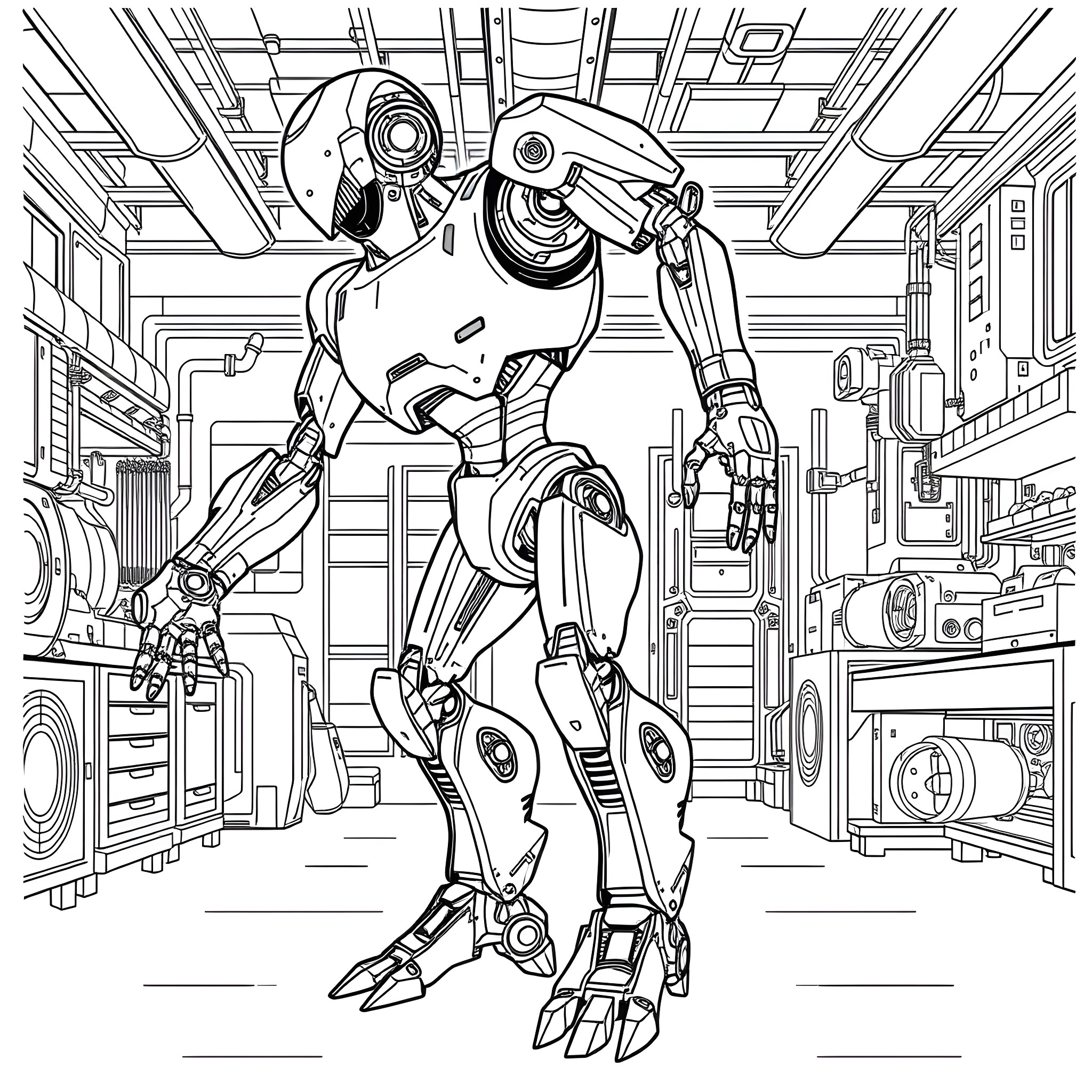 Robot exploring a futuristic technological environment Coloring Page (free black-and-white line drawing printable PDF for all, from beginners to advanced learners, including children, teens, adults, and seniors)