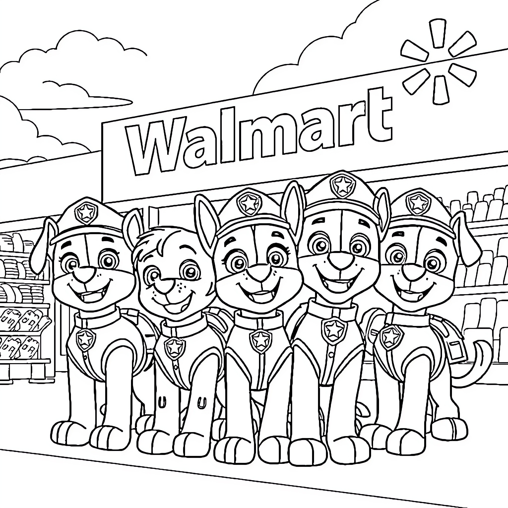 Paw Patrol ready for action at Walmart Coloring Page (free black-and-white line drawing printable PDF for all, from beginners to advanced learners, including children, teens, adults, and seniors)