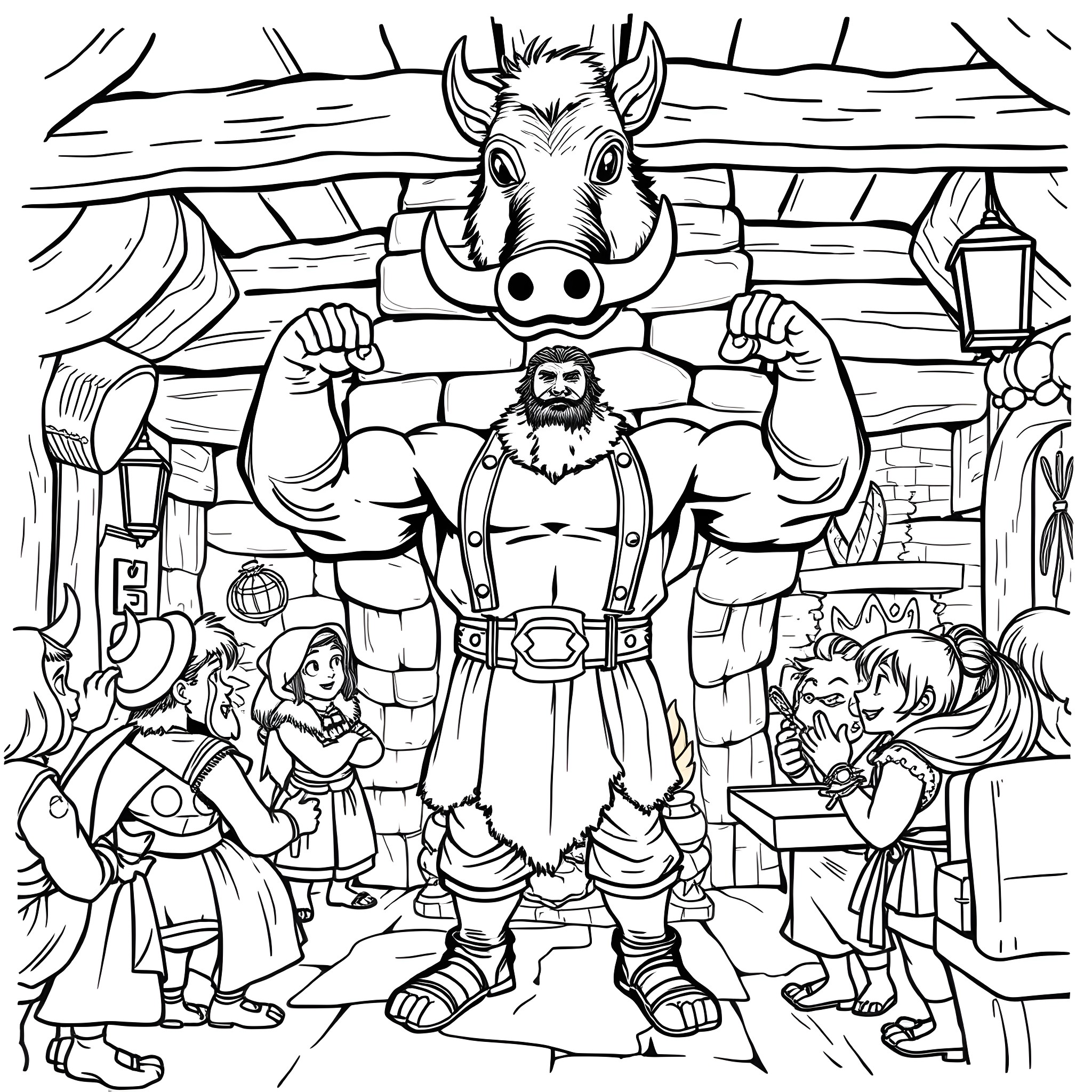 Gastón exploring a lively tavern with quirky characters Coloring Page (free black-and-white line drawing printable PDF for all, from beginners to advanced learners, including children, teens, adults, and seniors)