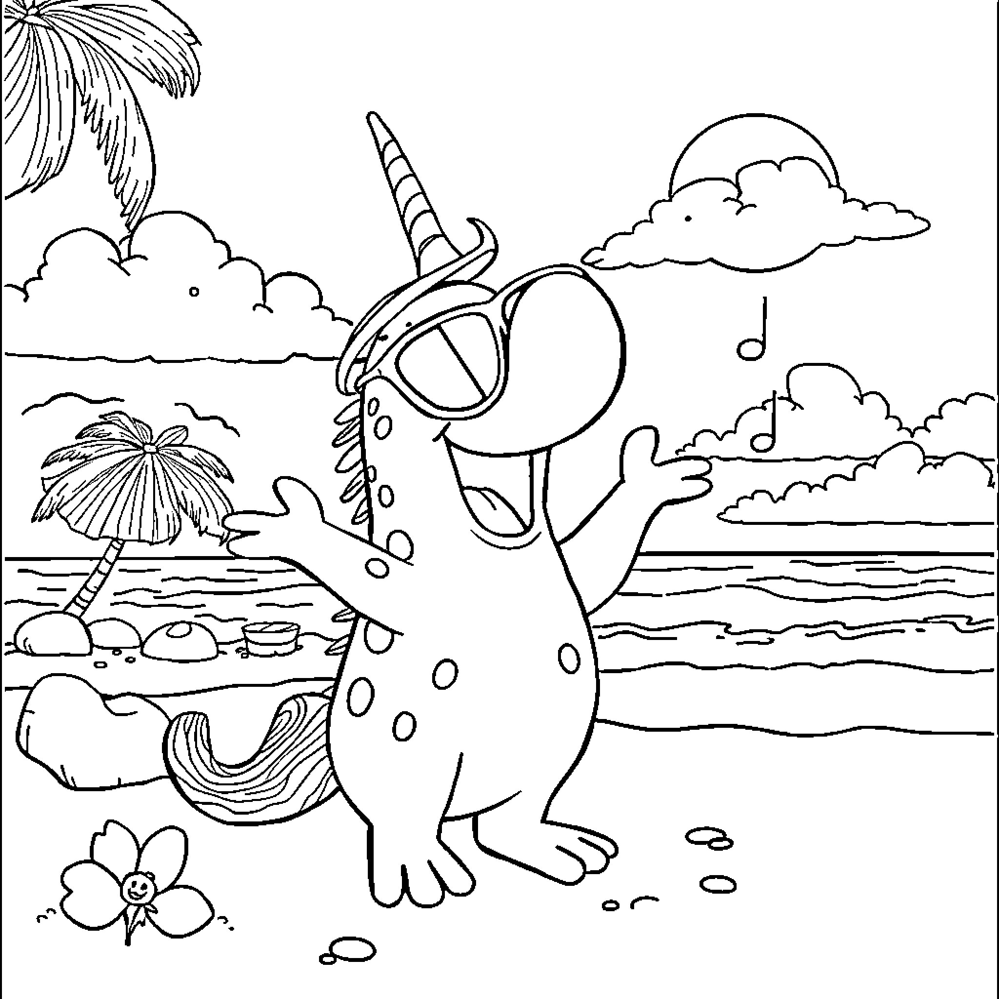 Tralalero Cartoon Monster Relaxing on Beach Coloring Page (free black-and-white line drawing printable PDF for all, from beginners to advanced learners, including children, teens, adults, and seniors)