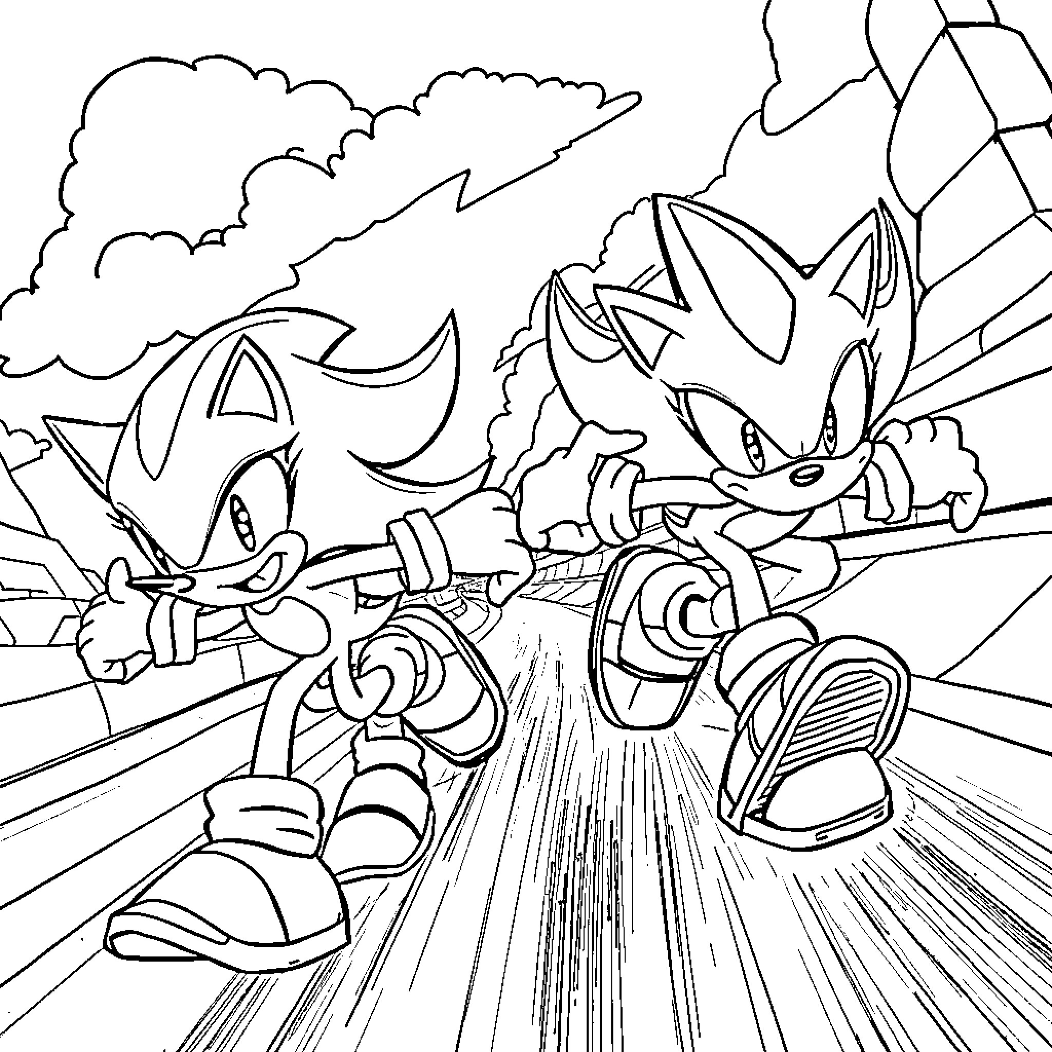 Sonic characters on a high-speed adventure Coloring Page (free black-and-white line drawing printable PDF for all, from beginners to advanced learners, including children, teens, adults, and seniors)