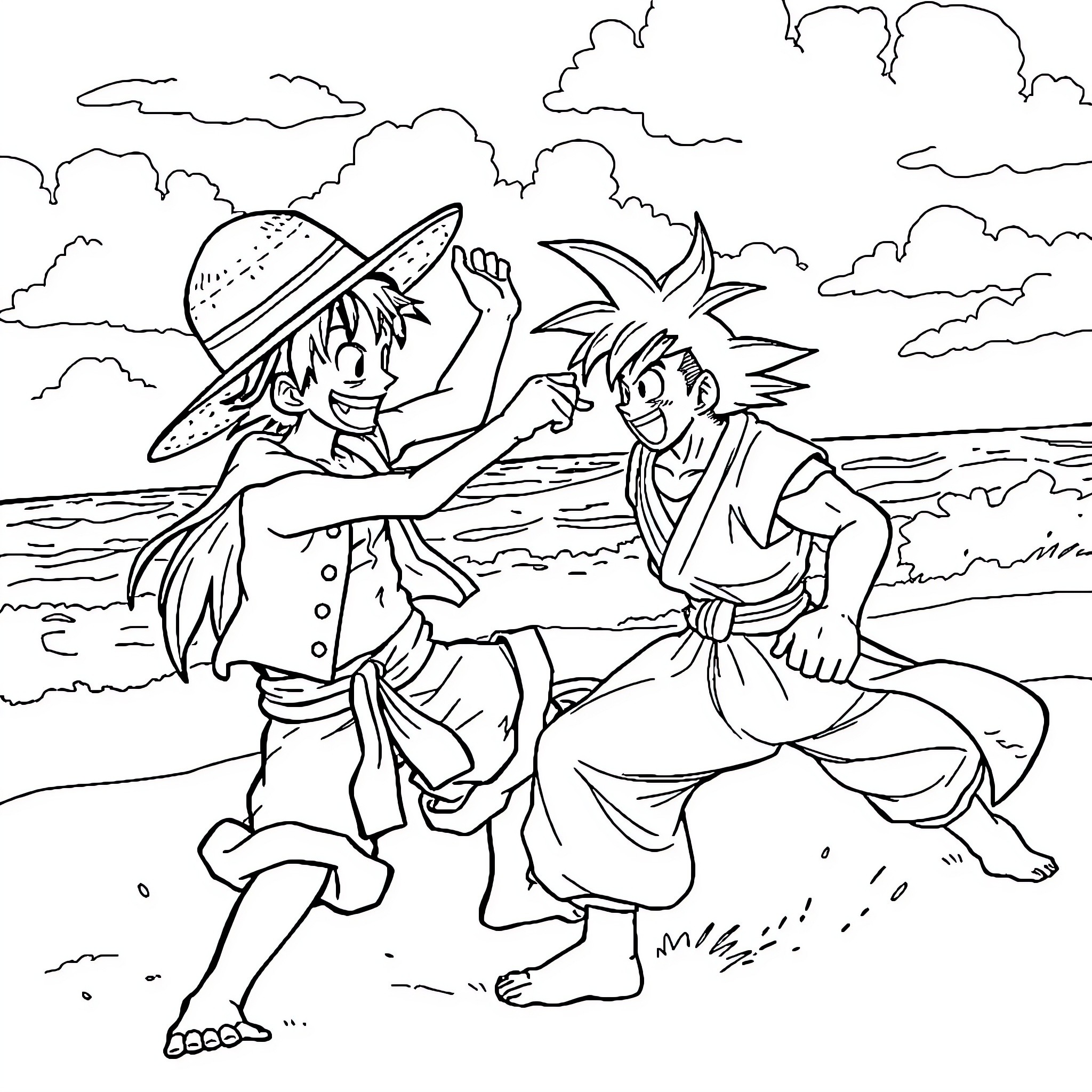 Luffy and Goku engaging in a playful fight on the beach Coloring Page (free black-and-white line drawing printable PDF for all, from beginners to advanced learners, including children, teens, adults, and seniors)