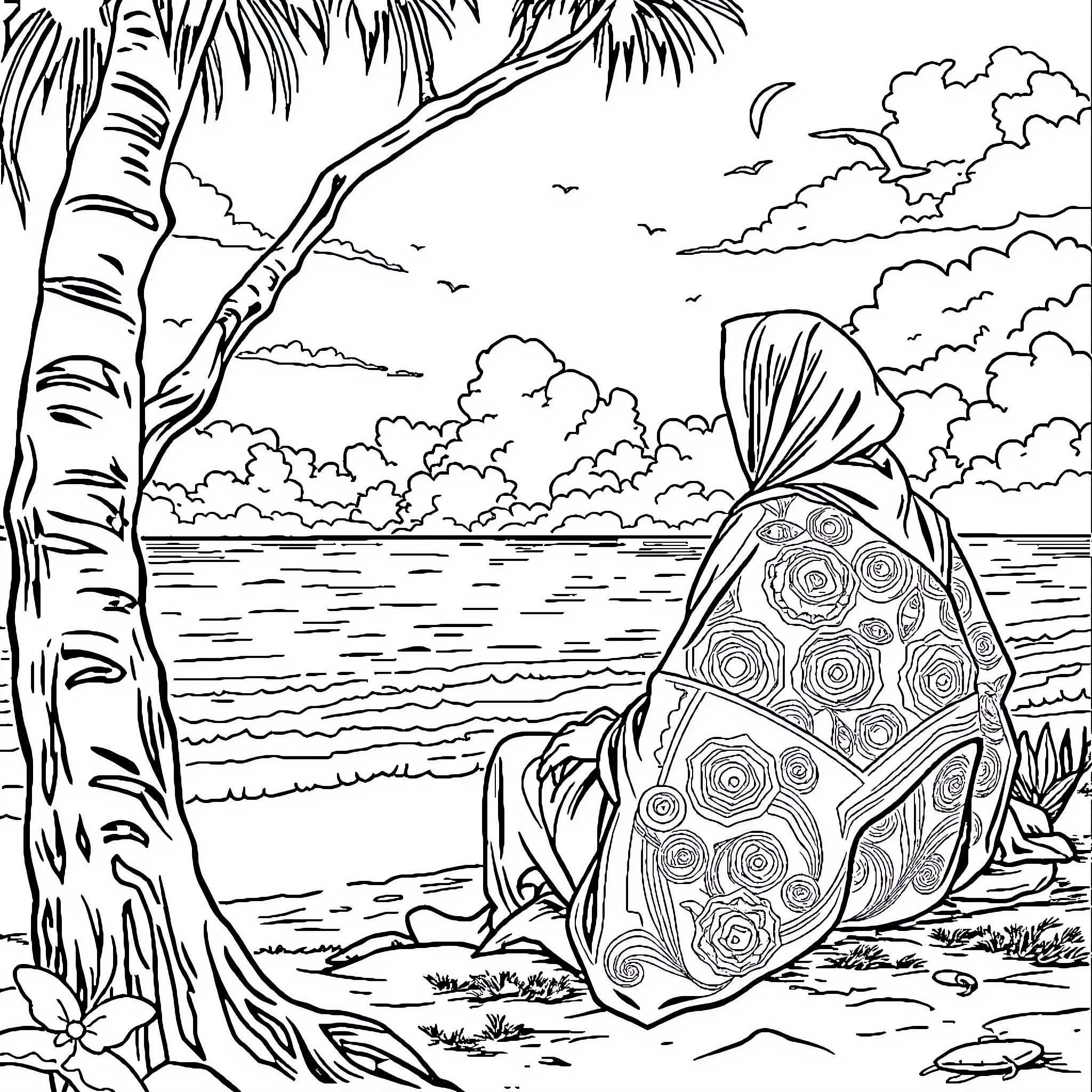 Orang enjoying tranquil seascape under palm trees Coloring Page (free black-and-white line drawing printable PDF for all, from beginners to advanced learners, including children, teens, adults, and seniors)