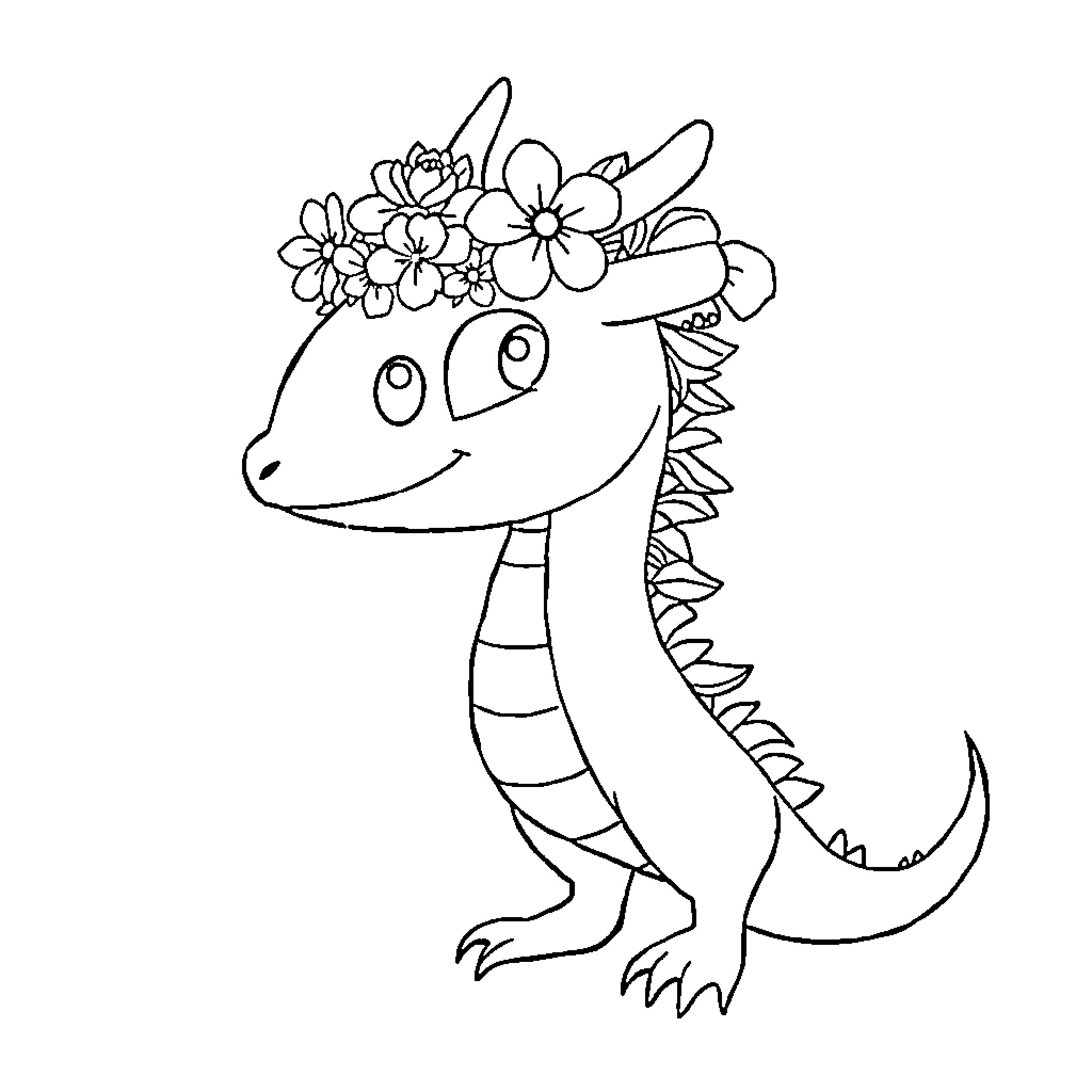 Dragon adorned with floral crown and smiling Coloring Page (free black-and-white line drawing printable PDF for all, from beginners to advanced learners, including children, teens, adults, and seniors)