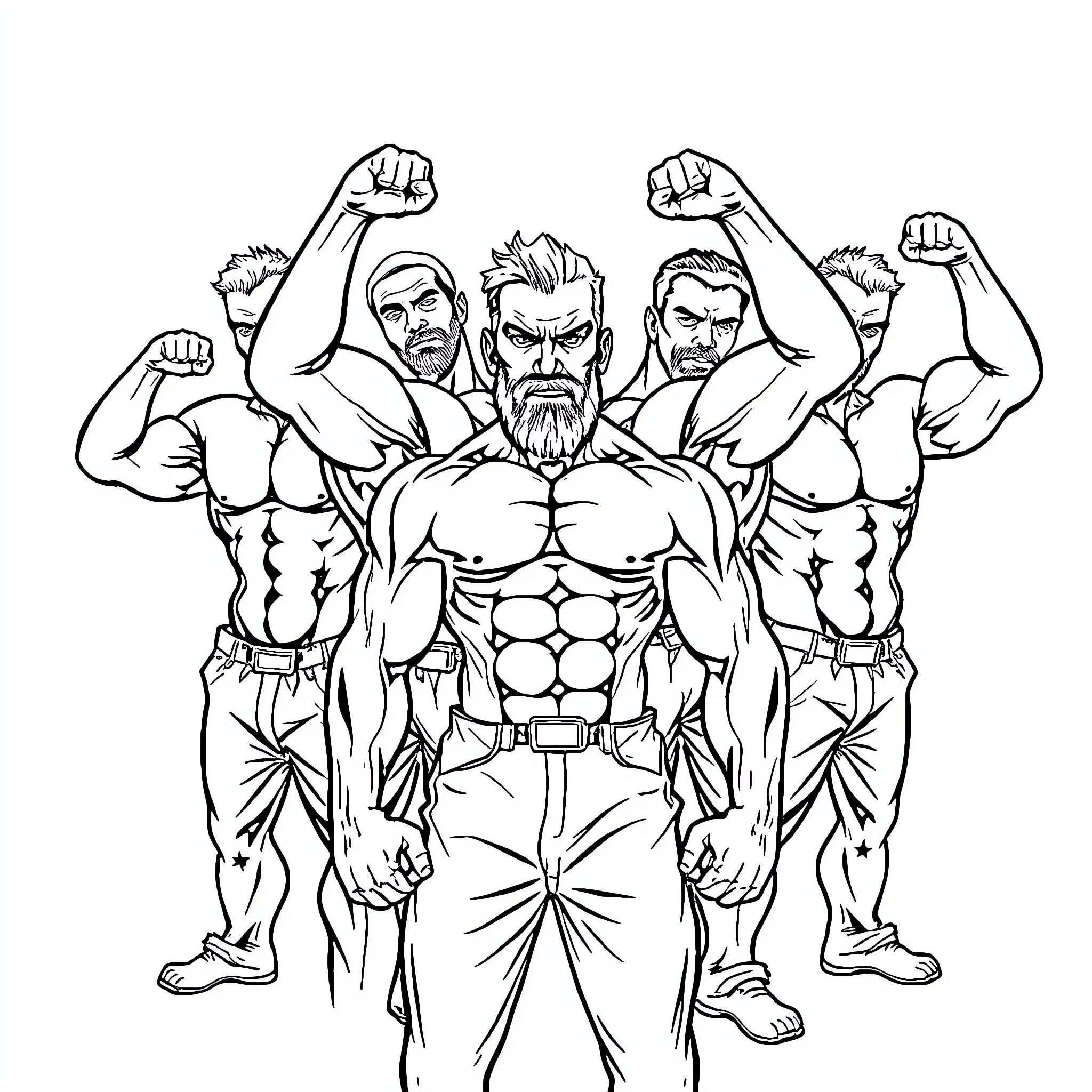 Muscle Men Flexing with Determination Coloring Page (free black-and-white line drawing printable PDF for all, from beginners to advanced learners, including children, teens, adults, and seniors)