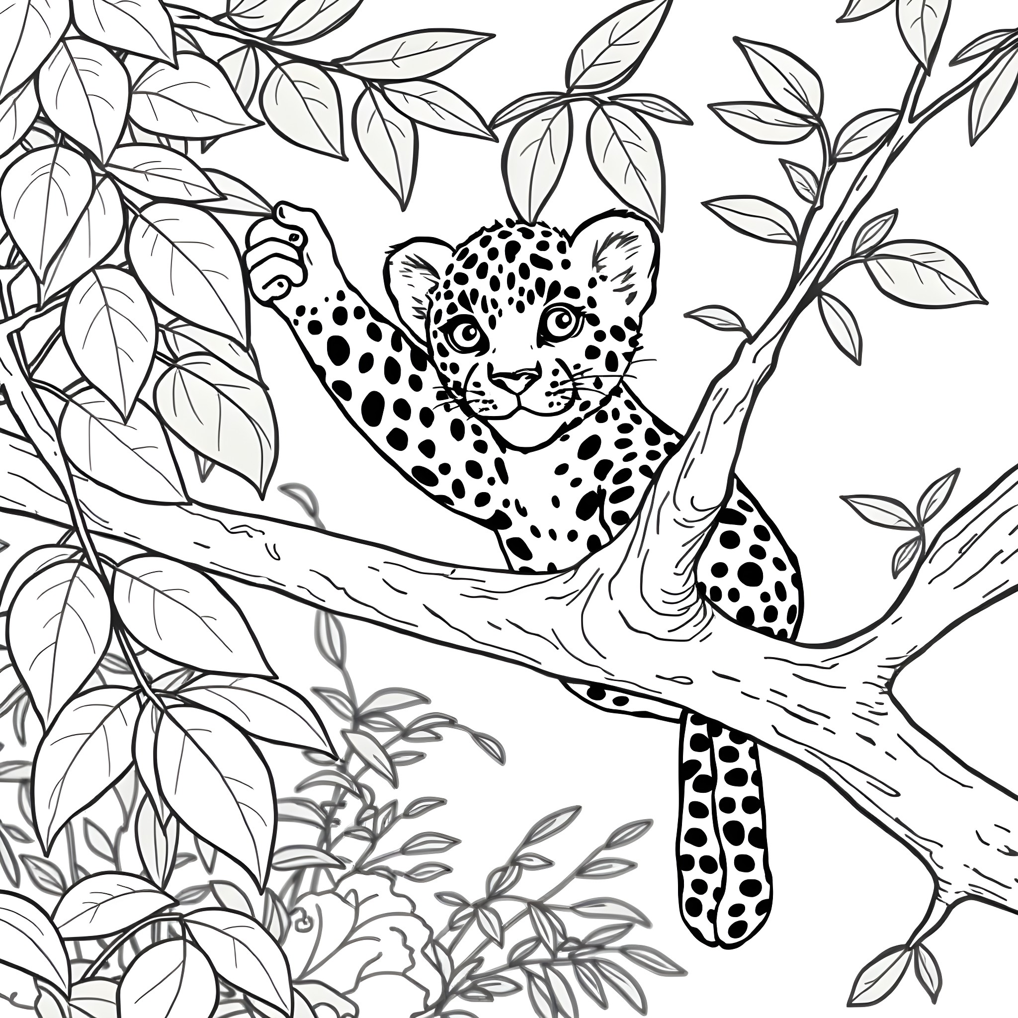 Leopard perched on a tree branch Coloring Page (free black-and-white line drawing printable PDF for all, from beginners to advanced learners, including children, teens, adults, and seniors)