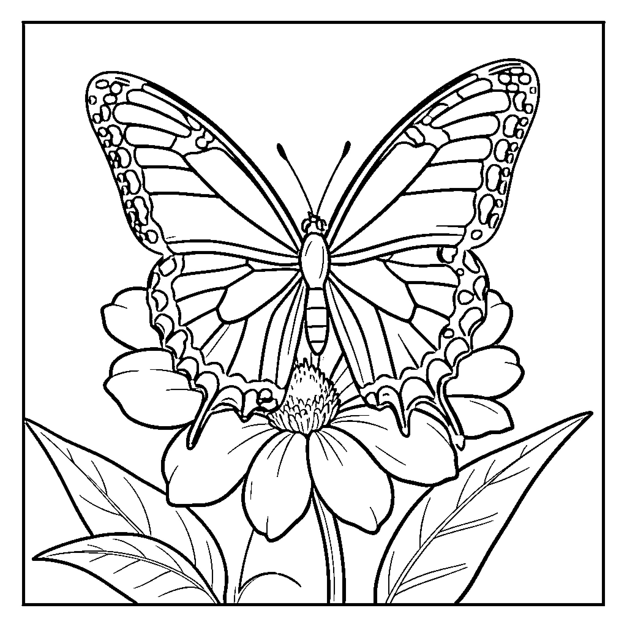 Butterfly resting on a blooming flower Coloring Page (free black-and-white line drawing printable PDF for all, from beginners to advanced learners, including children, teens, adults, and seniors)