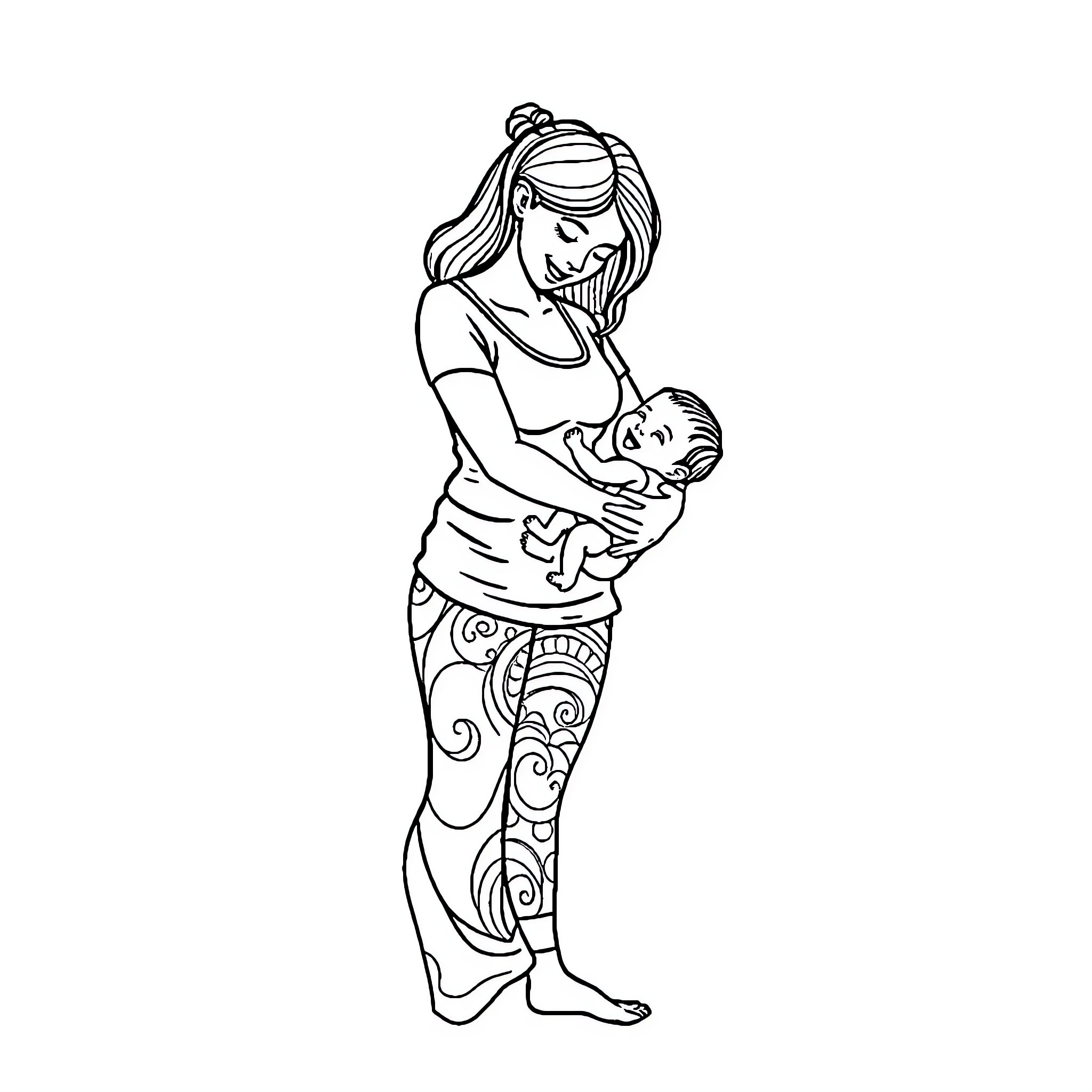 Nanny caring for a newborn baby Coloring Page (free black-and-white line drawing printable PDF for all, from beginners to advanced learners, including children, teens, adults, and seniors)