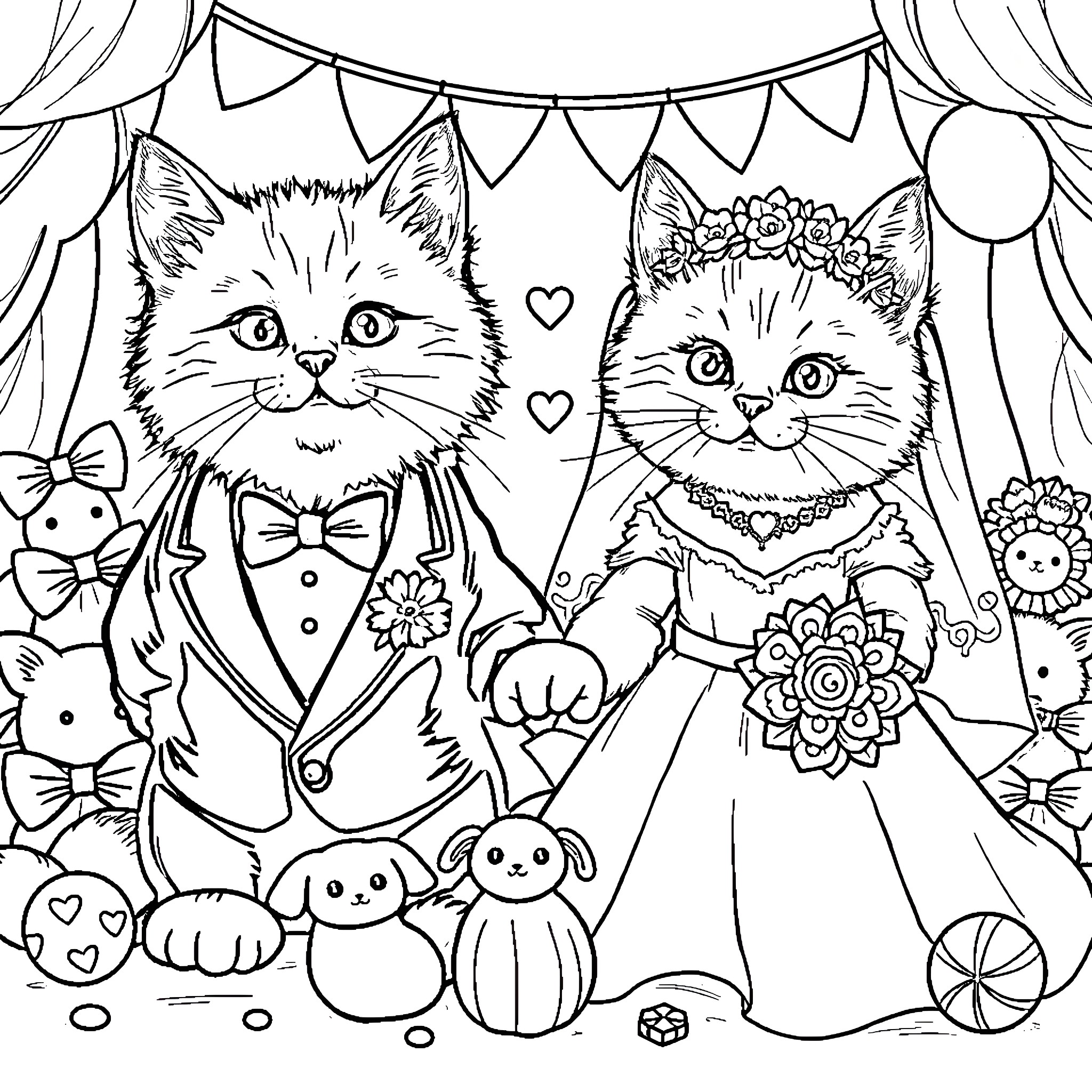 Cat wedding with decorations and toys Coloring Page (free black-and-white line drawing printable PDF for all, from beginners to advanced learners, including children, teens, adults, and seniors)