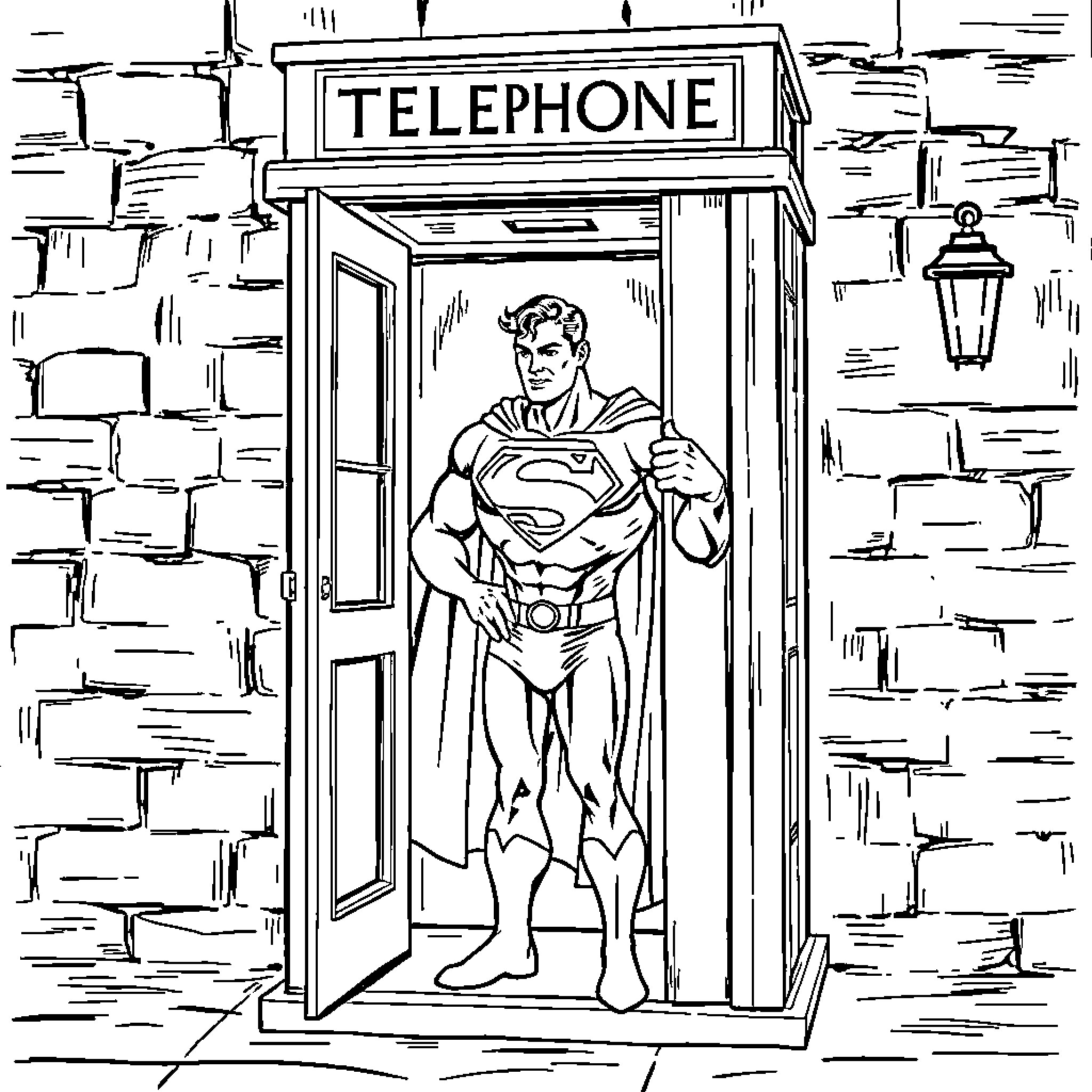 Superman rescuing from a telephone booth Coloring Page (free black-and-white line drawing printable PDF for all, from beginners to advanced learners, including children, teens, adults, and seniors)