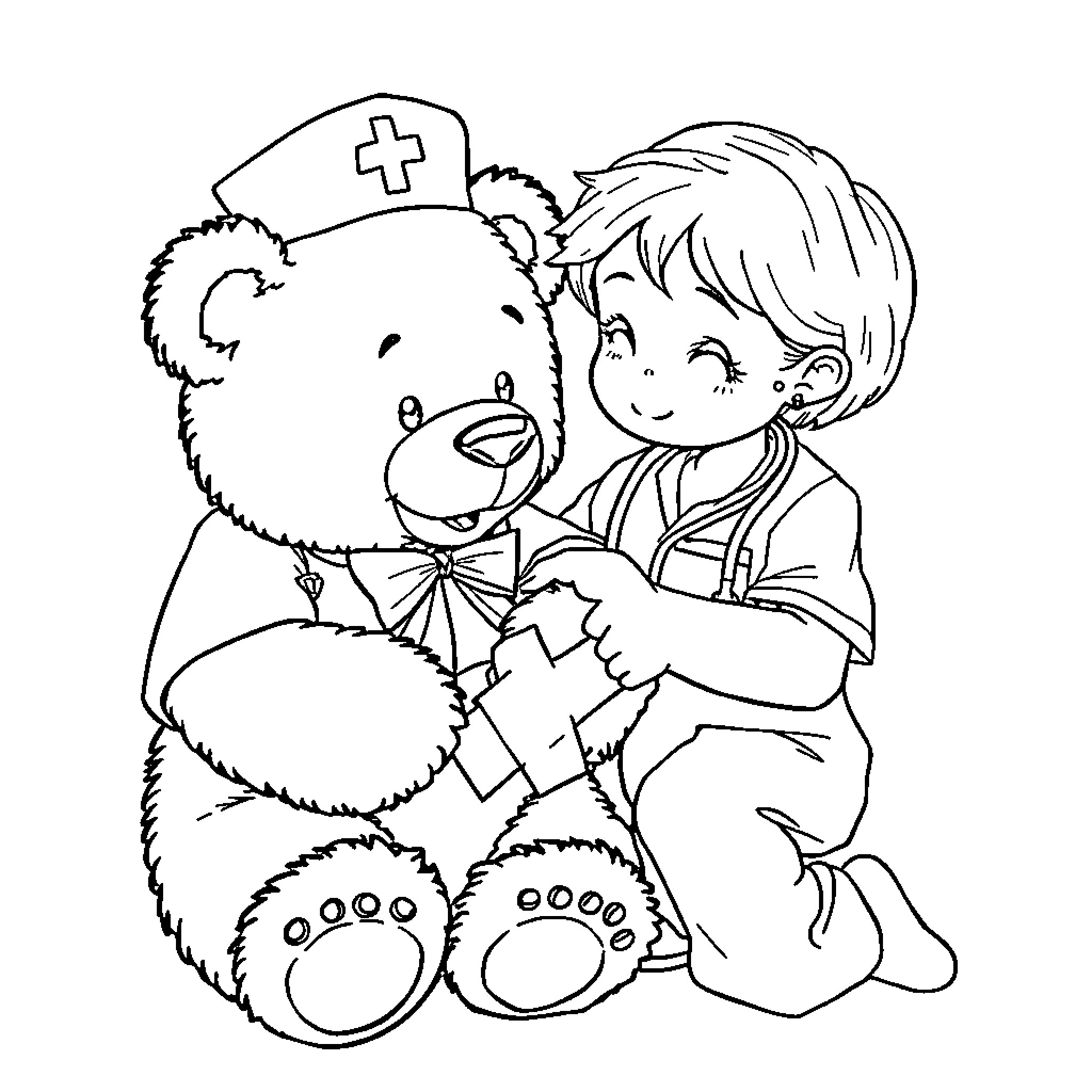 Nurse Helping Injured Child with Stuffed Bear Coloring Page (free black-and-white line drawing printable PDF for all, from beginners to advanced learners, including children, teens, adults, and seniors)