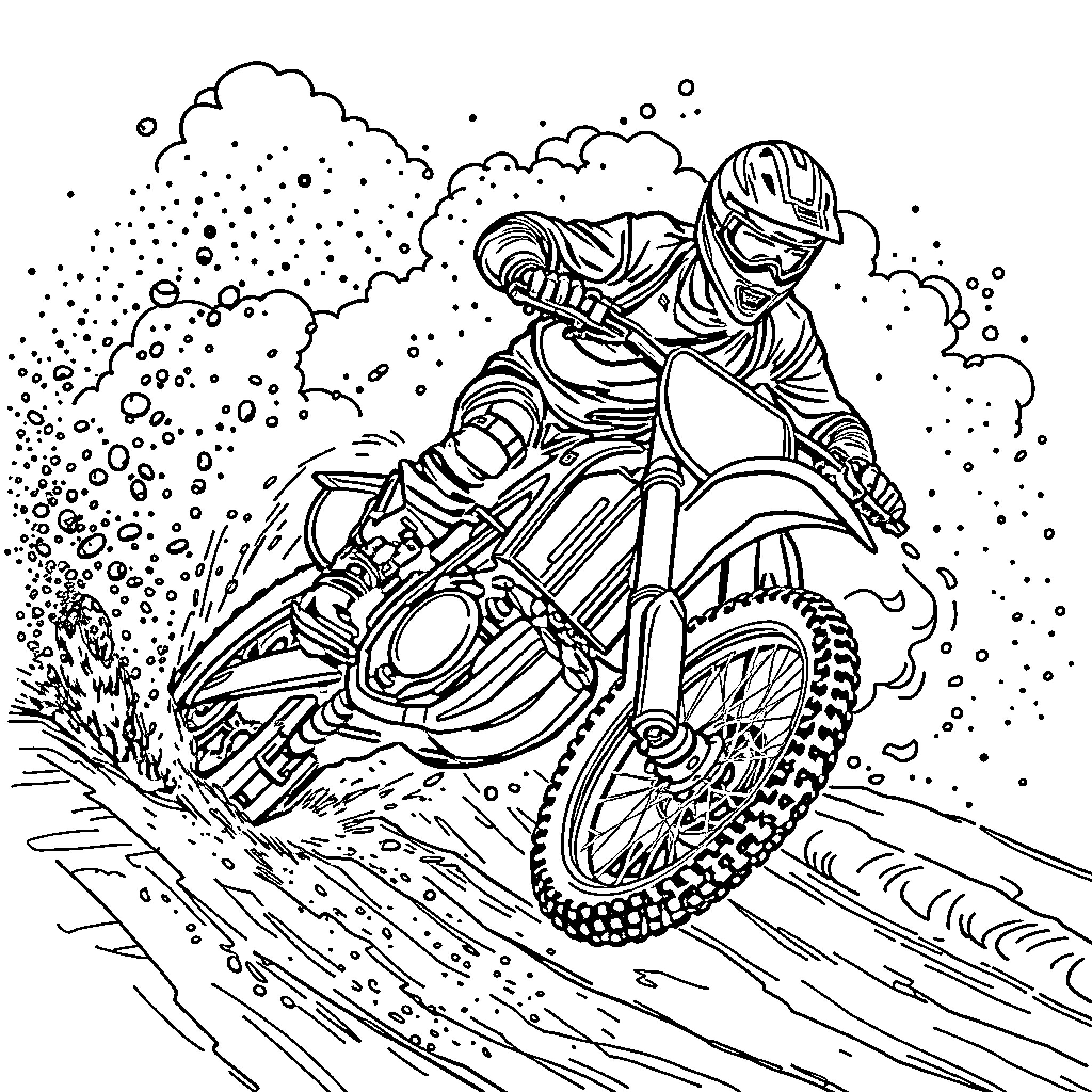 Motocross rider in action on rugged terrain Coloring Page (free black-and-white line drawing printable PDF for all, from beginners to advanced learners, including children, teens, adults, and seniors)