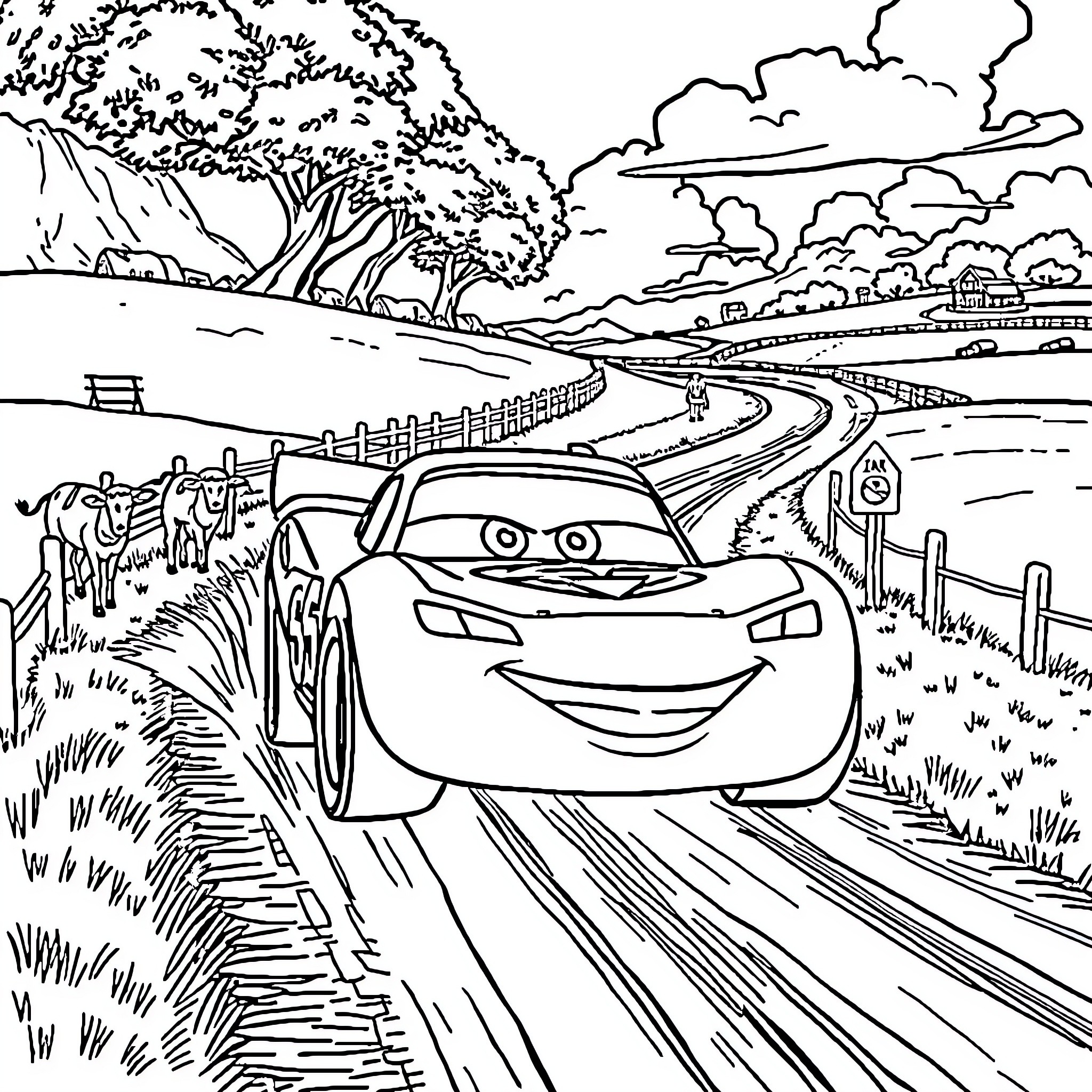 Lightning McQueen on the open road in the countryside Coloring Page (free black-and-white line drawing printable PDF for all, from beginners to advanced learners, including children, teens, adults, and seniors)