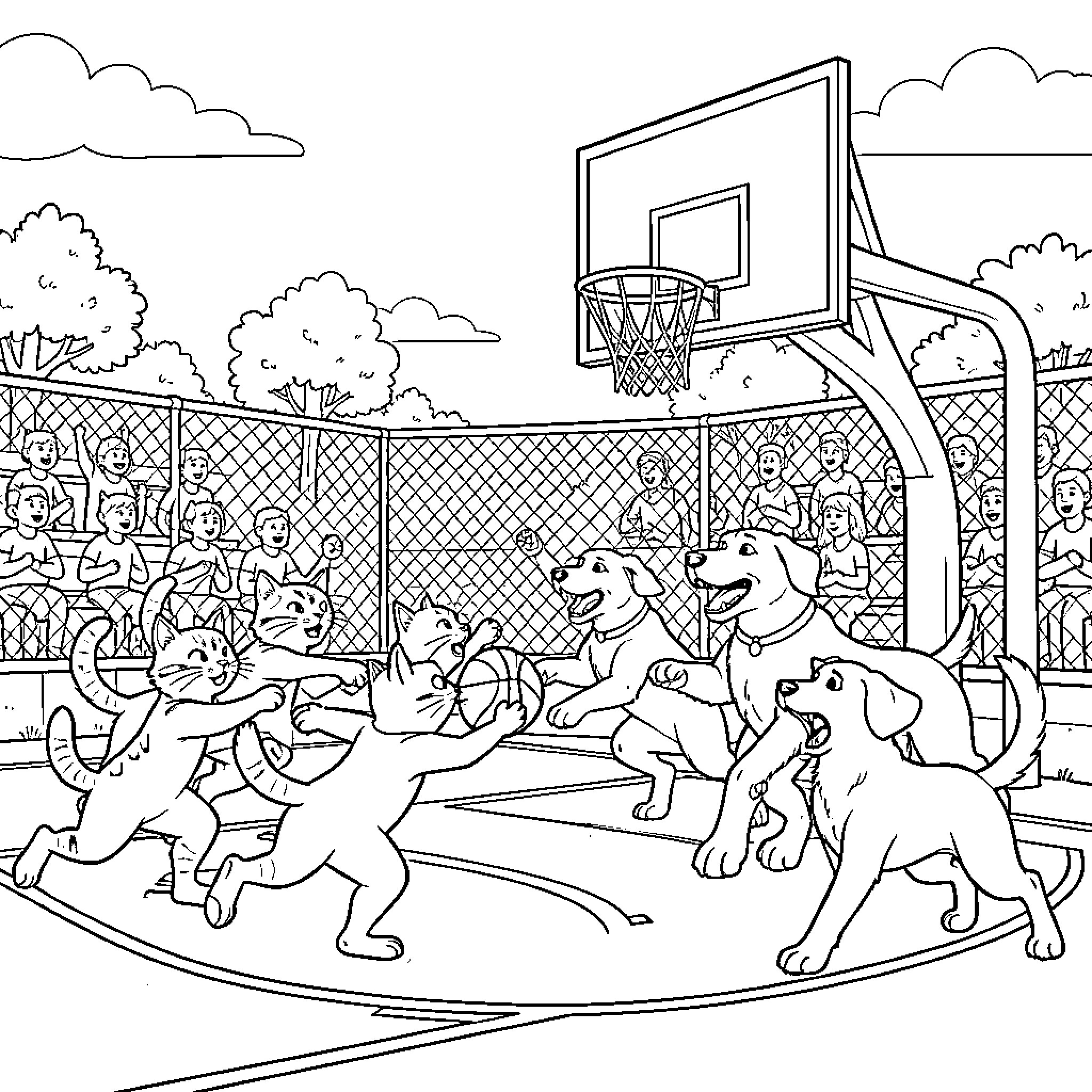 Cat and Dog Playing Basketball with Crowd Coloring Page (free black-and-white line drawing printable PDF for all, from beginners to advanced learners, including children, teens, adults, and seniors)