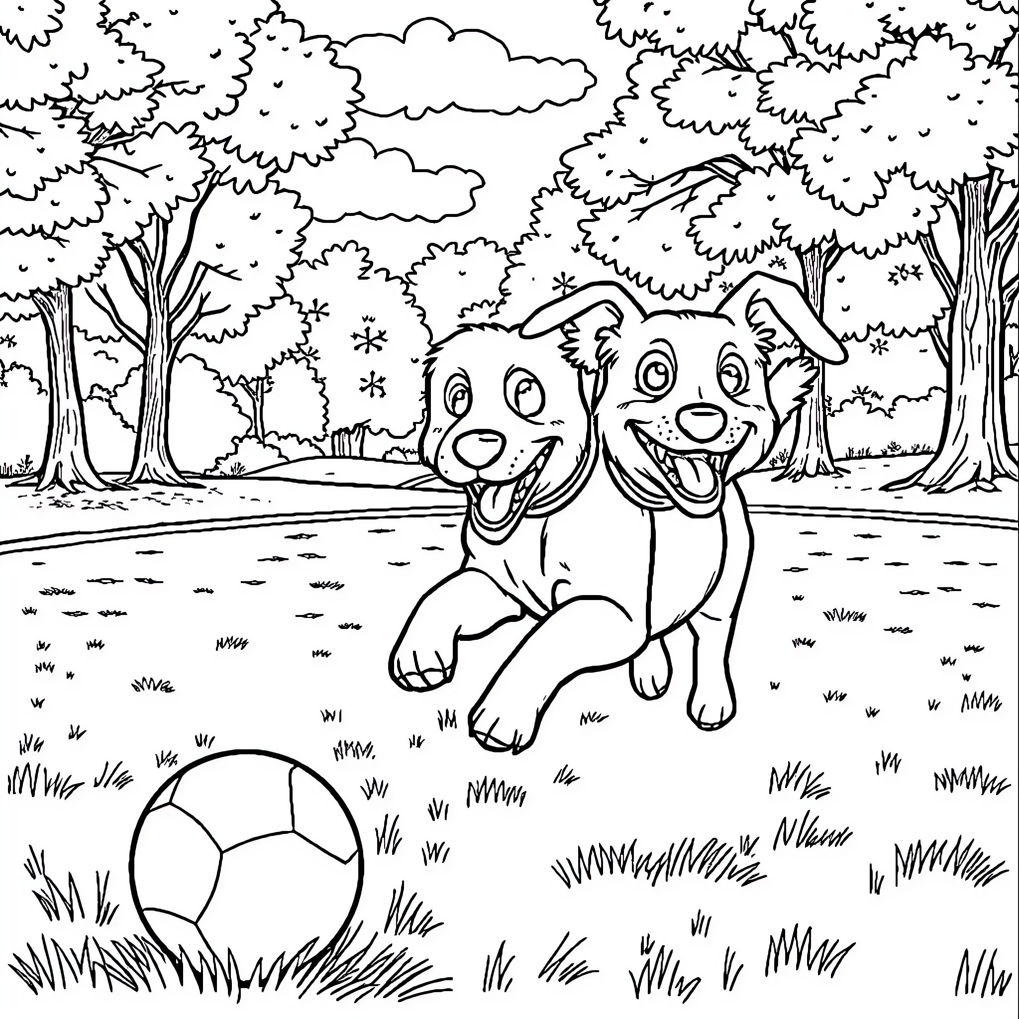 Dog playing joyfully with a ball in the park Coloring Page (free black-and-white line drawing printable PDF for all, from beginners to advanced learners, including children, teens, adults, and seniors)