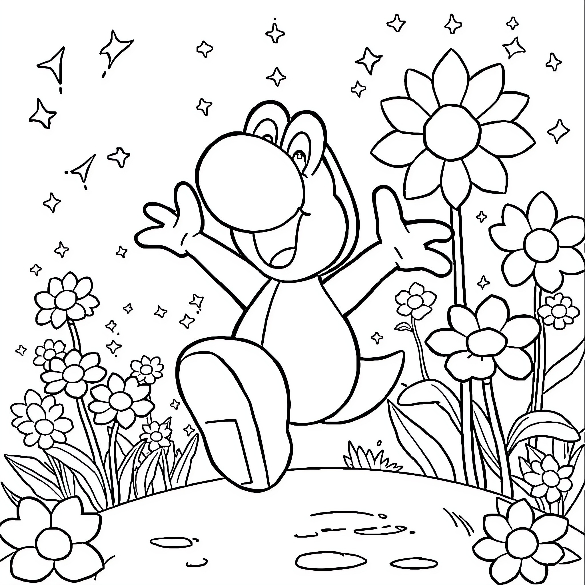 Yoshi Enjoying the Floral Wonderland Coloring Page (free black-and-white line drawing printable PDF for all, from beginners to advanced learners, including children, teens, adults, and seniors)