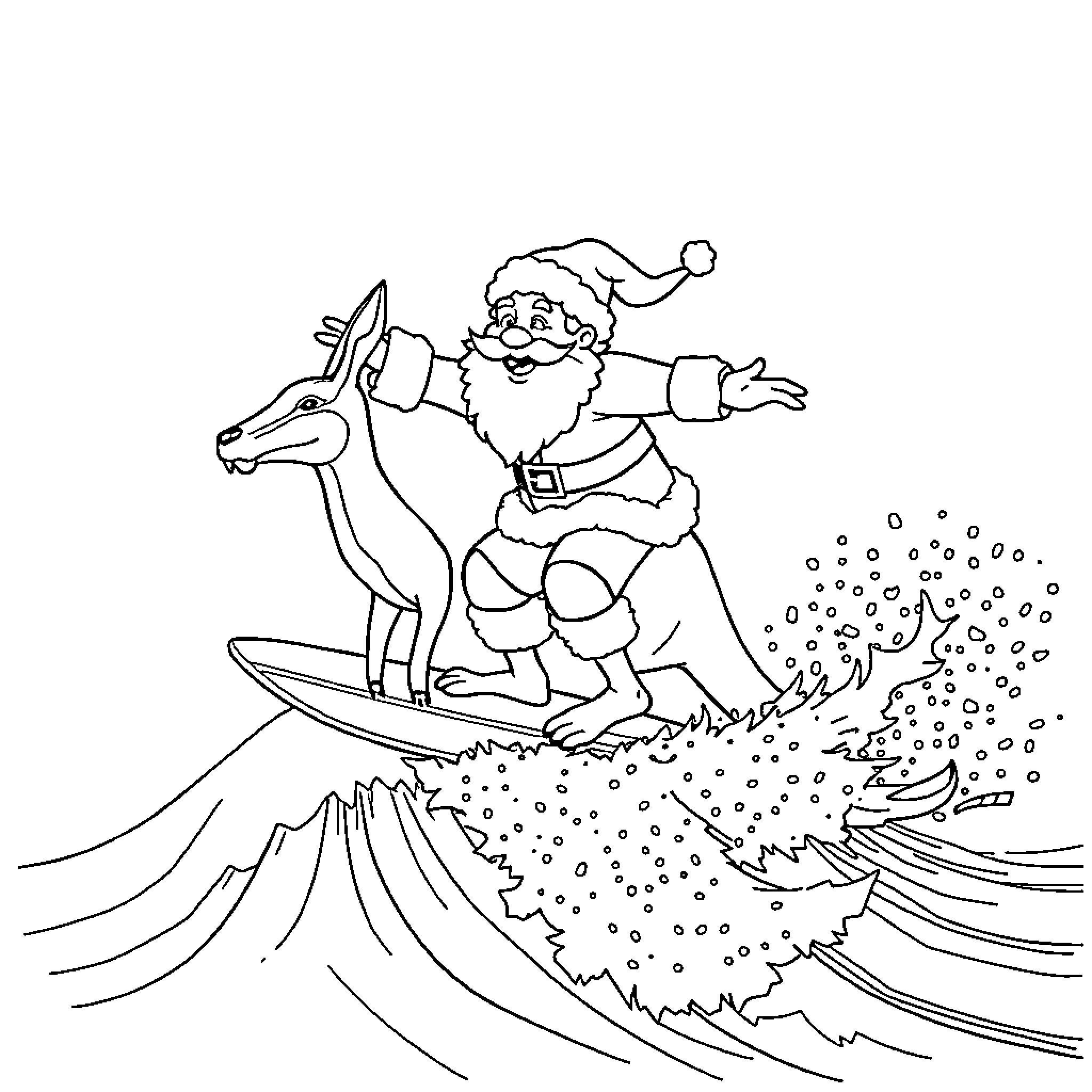 Santa surfing on a magical wave Coloring Page (free black-and-white line drawing printable PDF for all, from beginners to advanced learners, including children, teens, adults, and seniors)