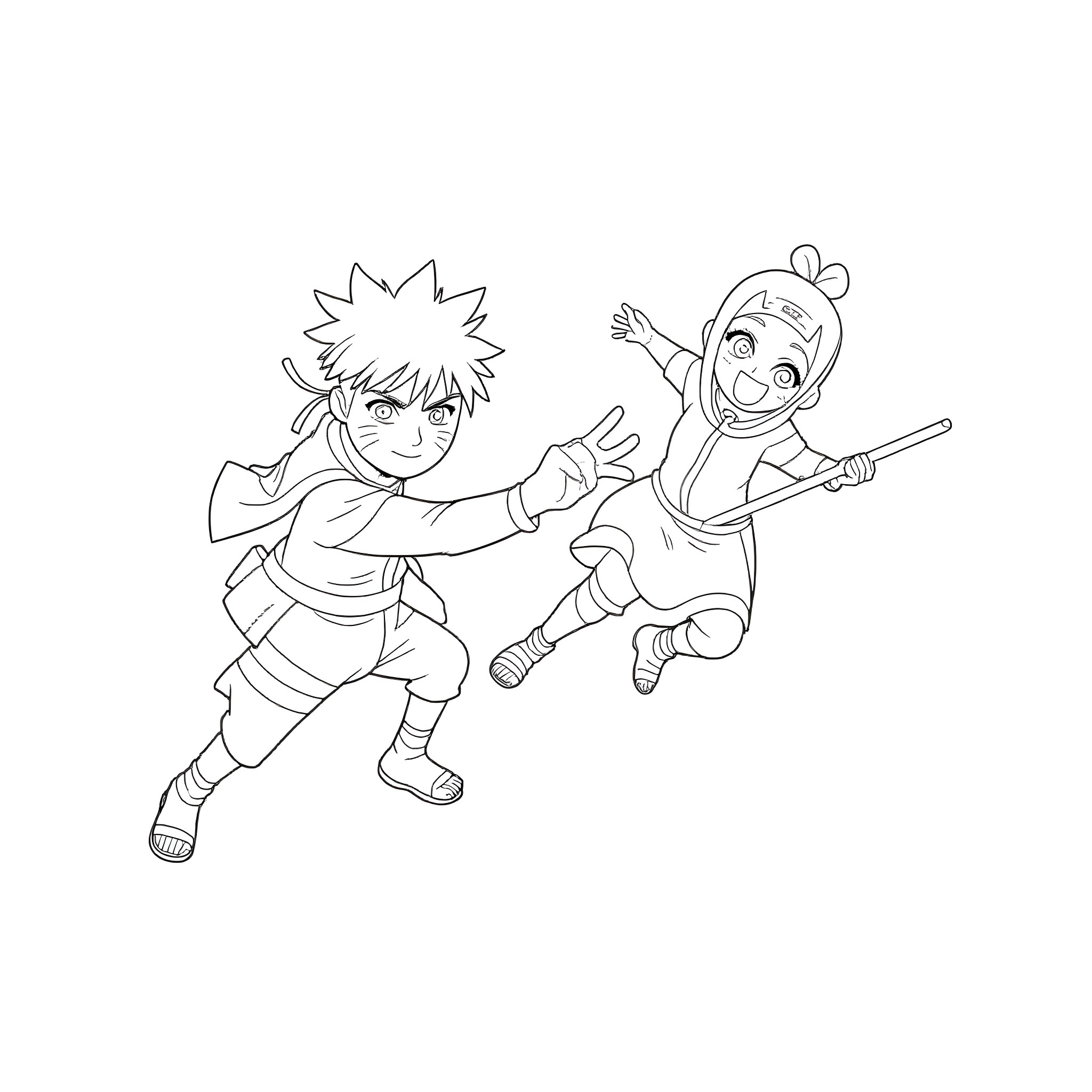 Naruto and Friend Jumping with Joy Coloring Page (free black-and-white line drawing printable PDF for all, from beginners to advanced learners, including children, teens, adults, and seniors)