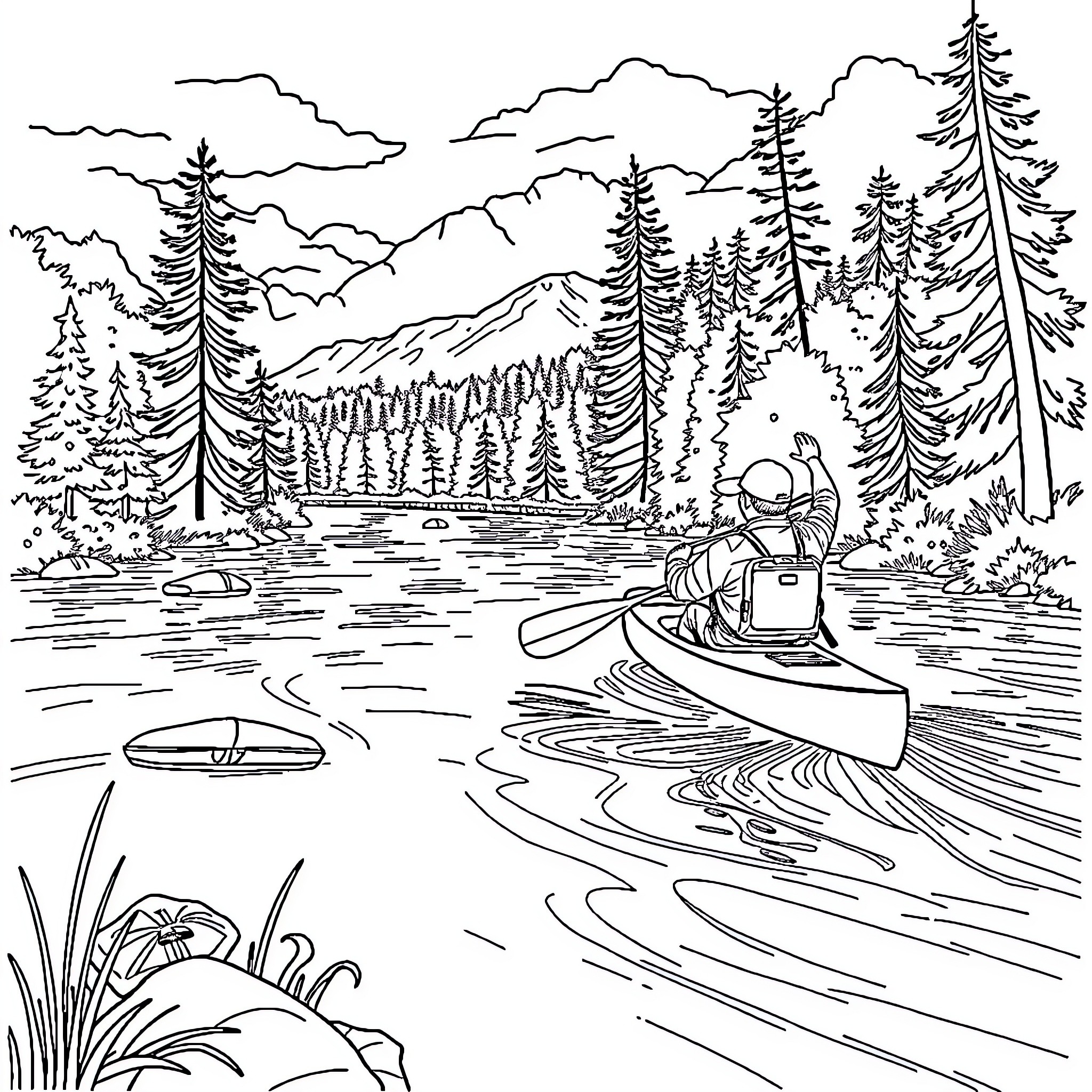 Stitch a tranquil forest canoe ride Coloring Page (free black-and-white line drawing printable PDF for all, from beginners to advanced learners, including children, teens, adults, and seniors)