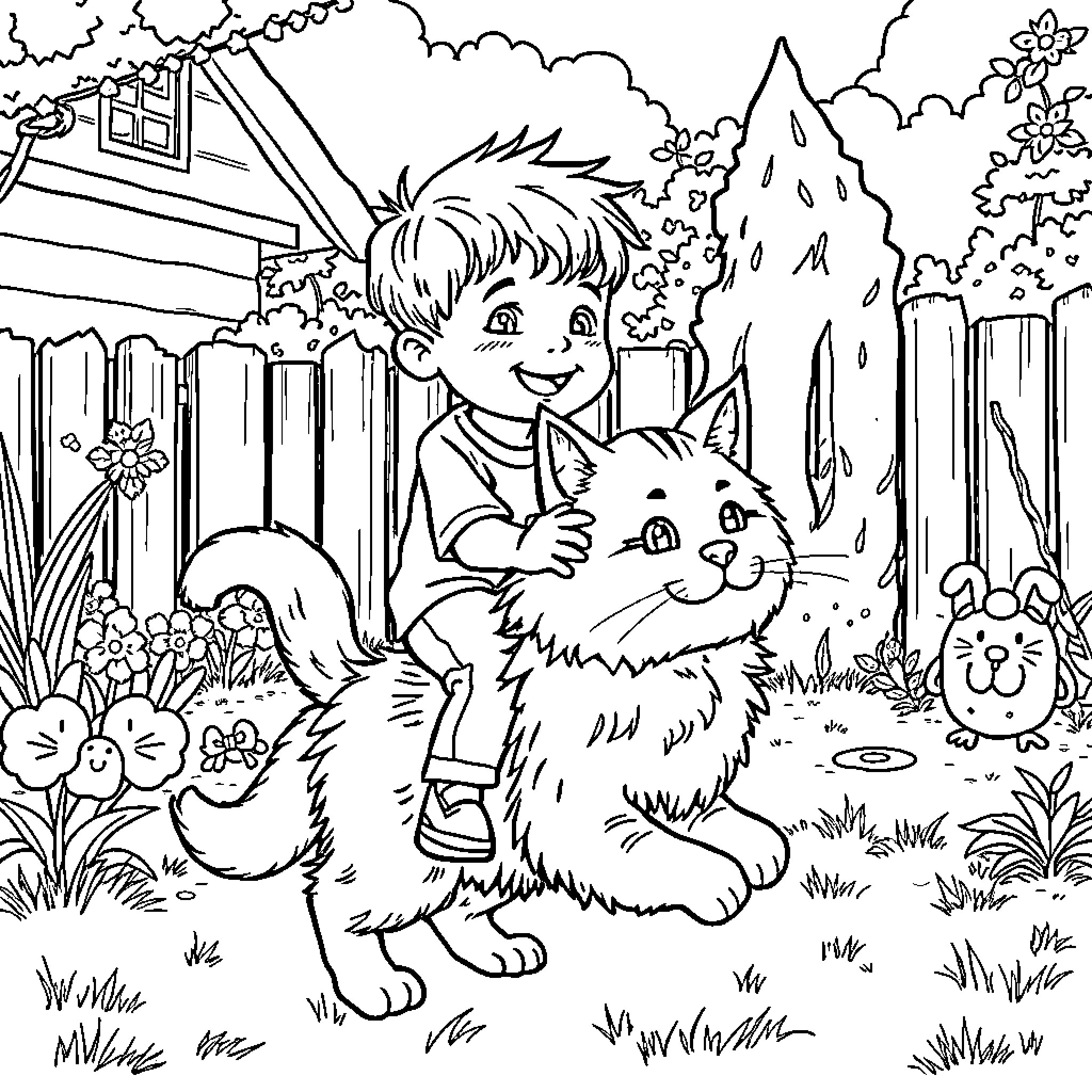 Boy playing with his pet cat in the yard Coloring Page (free black-and-white line drawing printable PDF for all, from beginners to advanced learners, including children, teens, adults, and seniors)