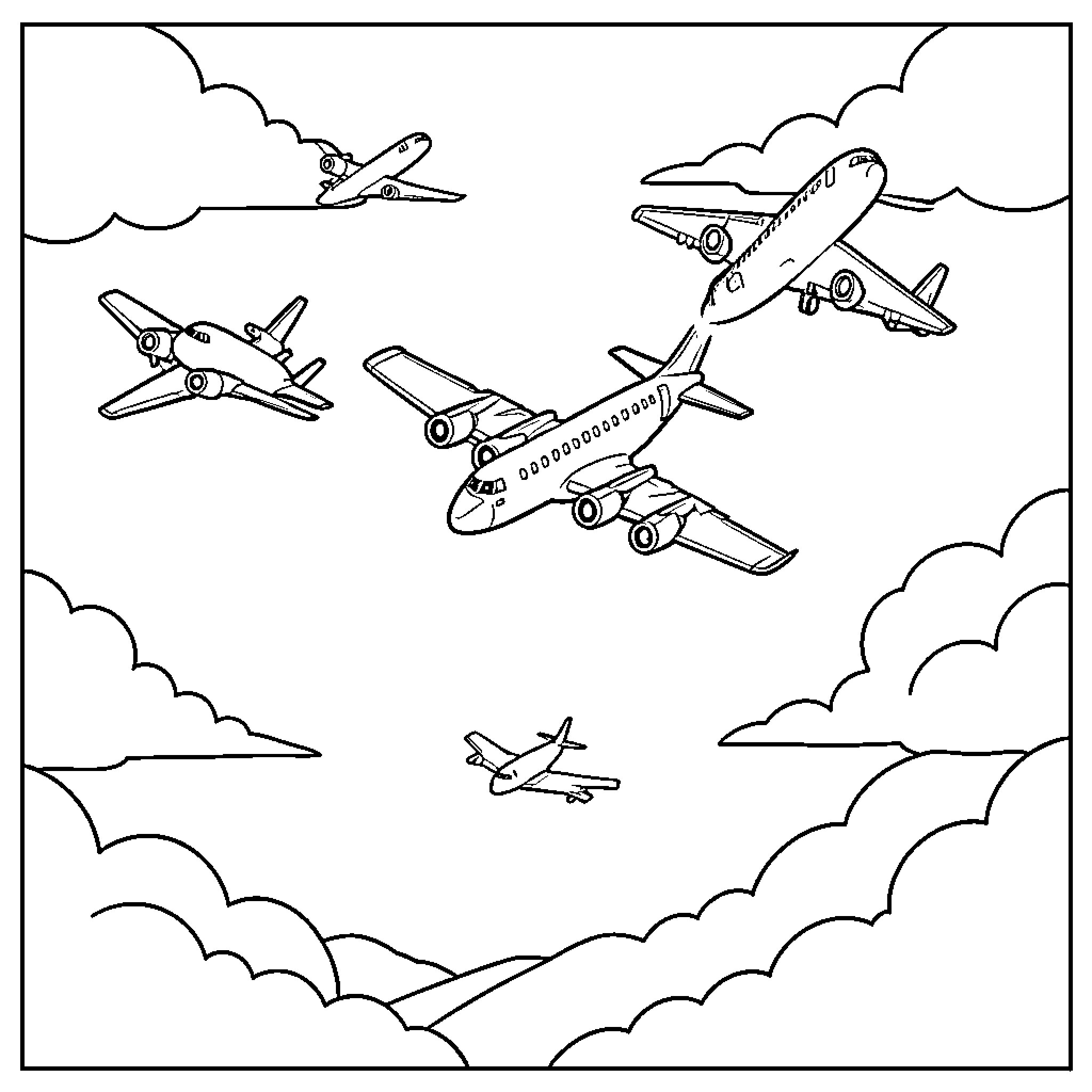Airplanes soaring through the cloudy sky Coloring Page (free black-and-white line drawing printable PDF for all, from beginners to advanced learners, including children, teens, adults, and seniors)