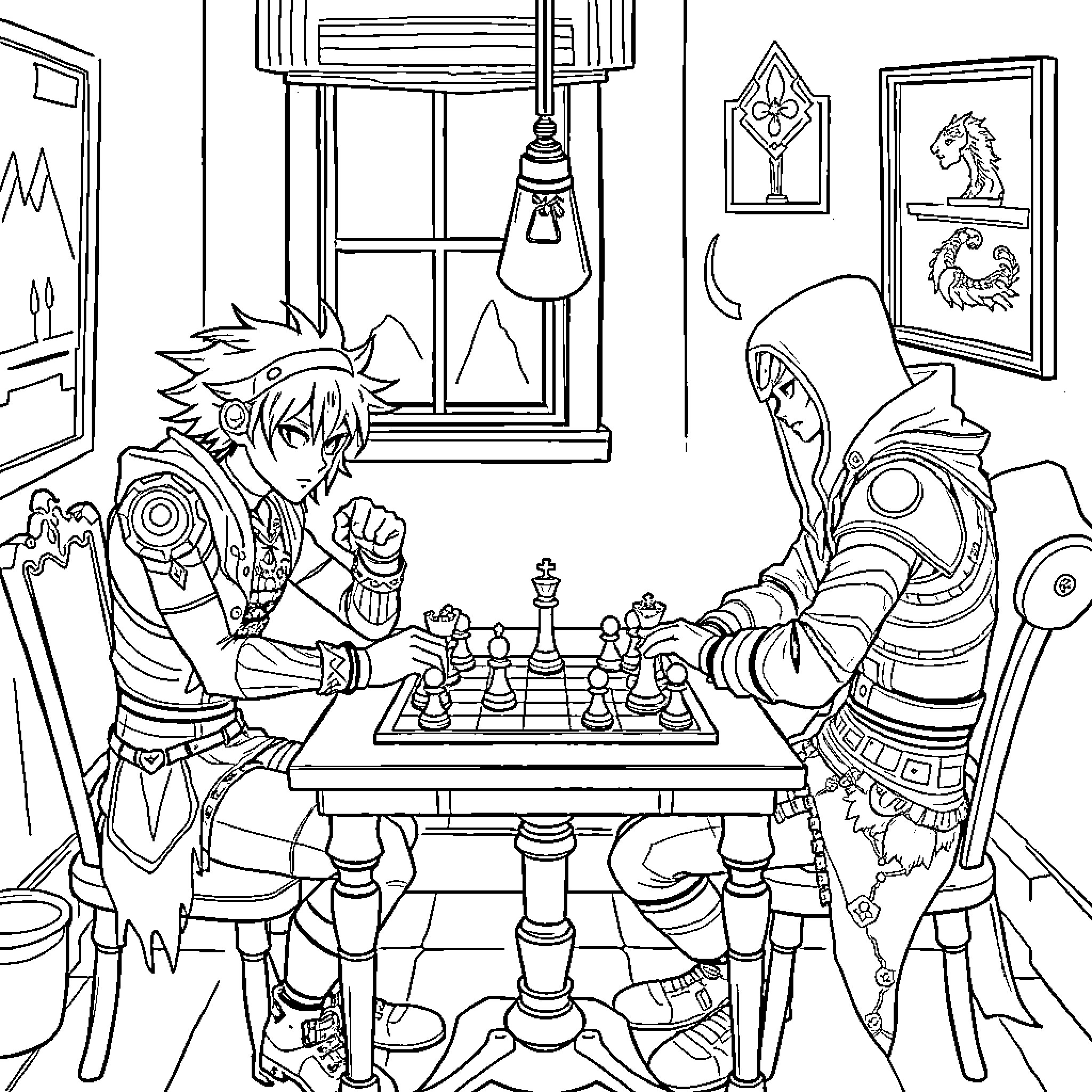 Cypher Chess Match in Dimly Lit Room Coloring Page (free black-and-white line drawing printable PDF for all, from beginners to advanced learners, including children, teens, adults, and seniors)