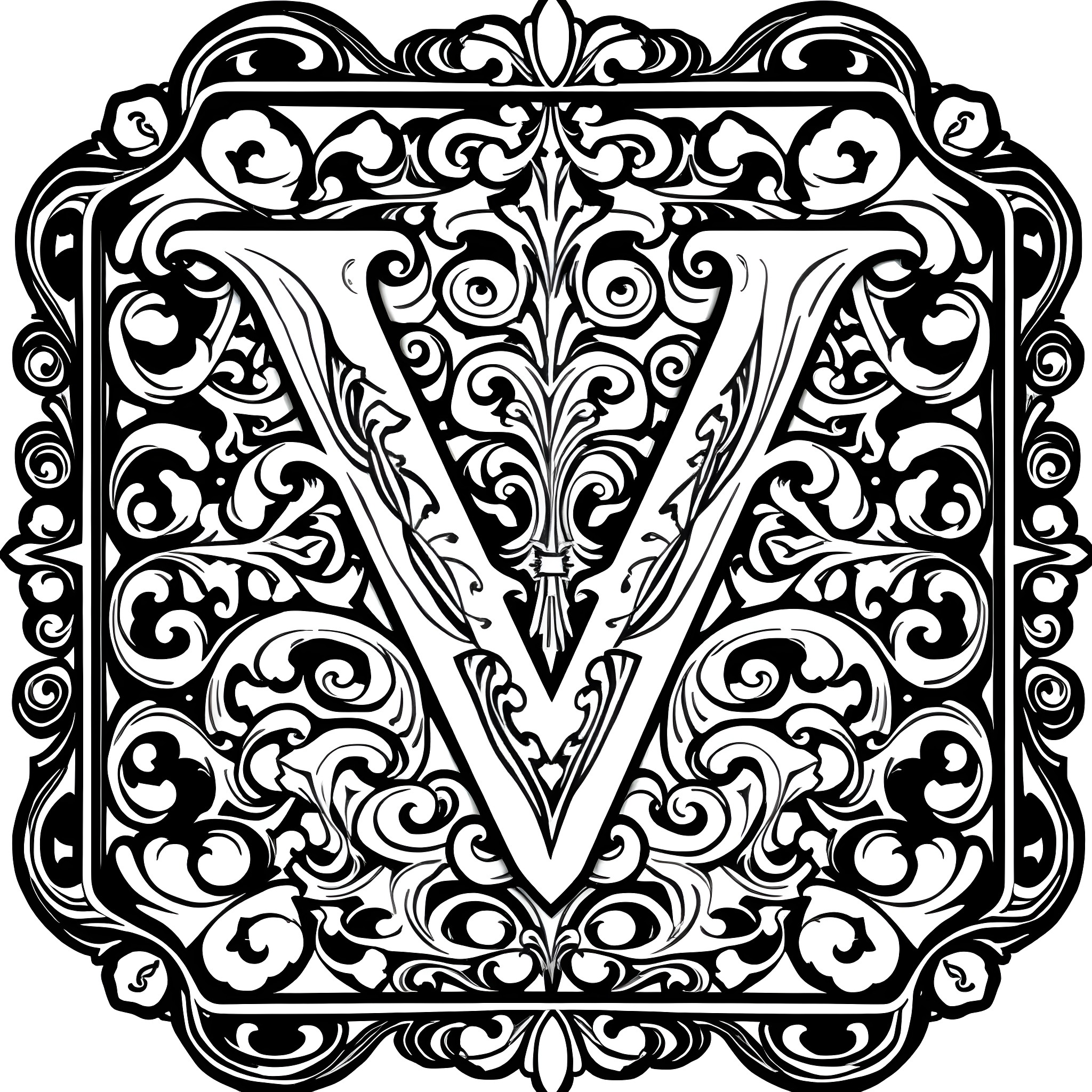 Vintage Floral Monogram Design Coloring Page (free black-and-white line drawing printable PDF for all, from beginners to advanced learners, including children, teens, adults, and seniors)