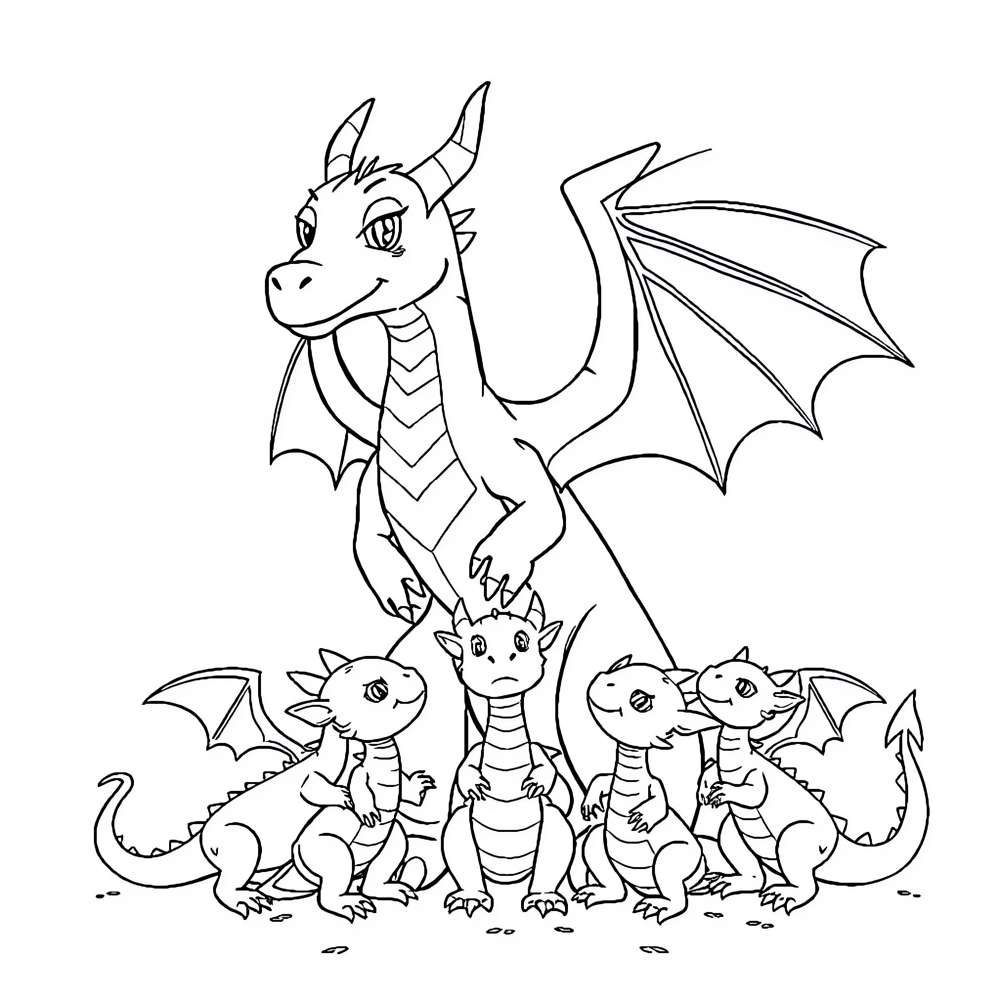 Dragon family in playful poses Coloring Page (free black-and-white line drawing printable PDF for all, from beginners to advanced learners, including children, teens, adults, and seniors)