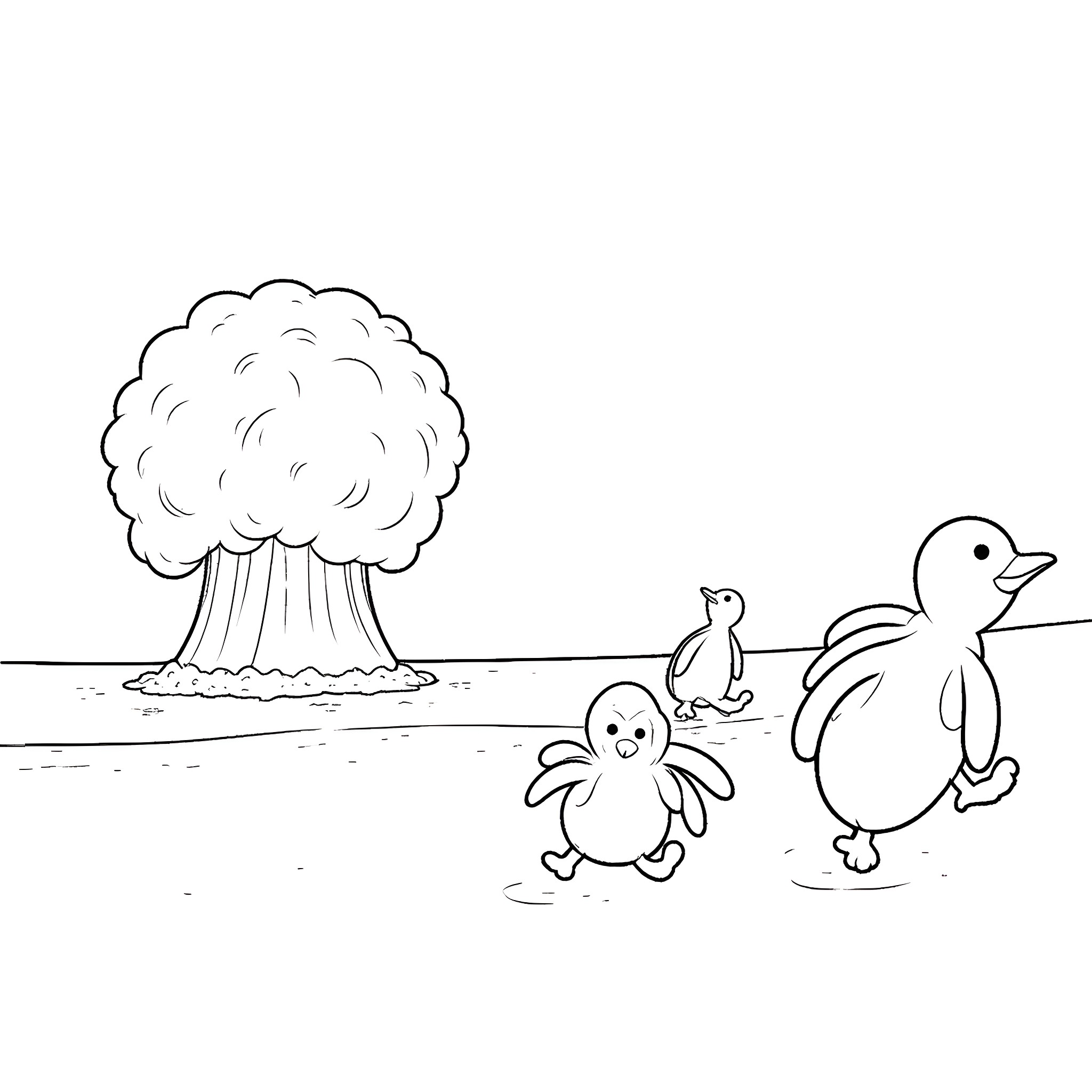 Penguins playing near an explosion Coloring Page (free black-and-white line drawing printable PDF for all, from beginners to advanced learners, including children, teens, adults, and seniors)