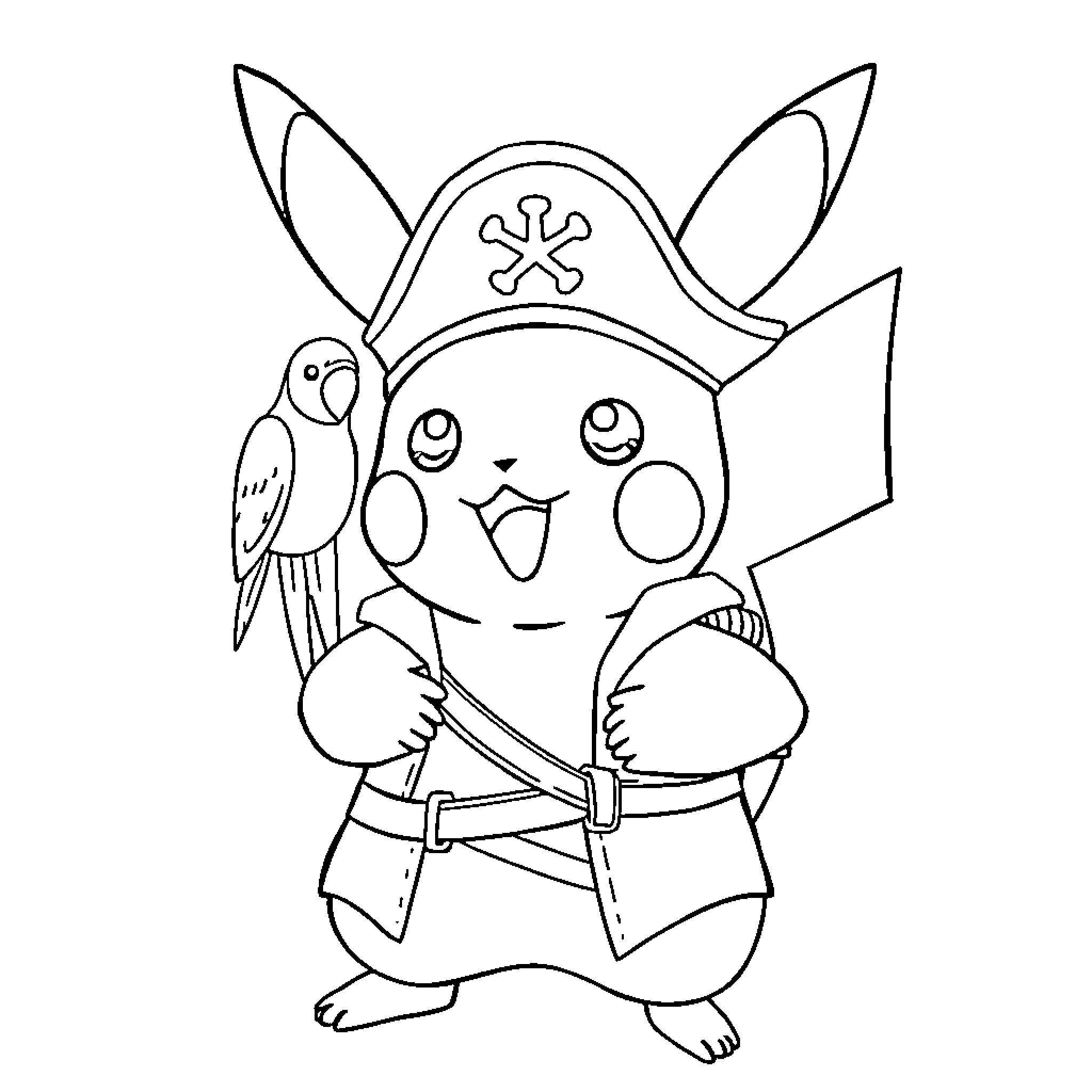 Pikachu dressed as a pirate with a parrot Coloring Page (free black-and-white line drawing printable PDF for all, from beginners to advanced learners, including children, teens, adults, and seniors)