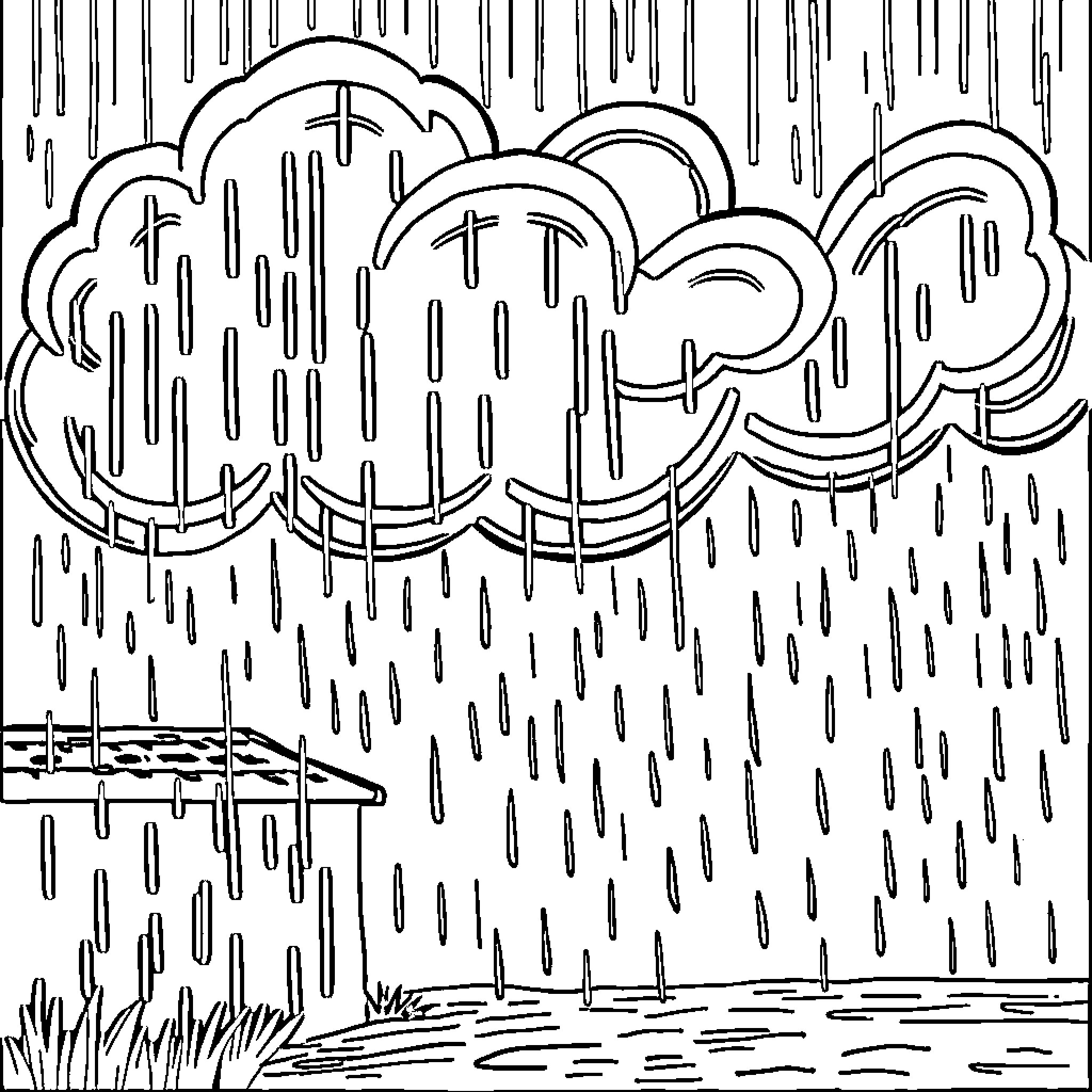 Rainy Day Downpour in the Countryside Coloring Page (free black-and-white line drawing printable PDF for all, from beginners to advanced learners, including children, teens, adults, and seniors)