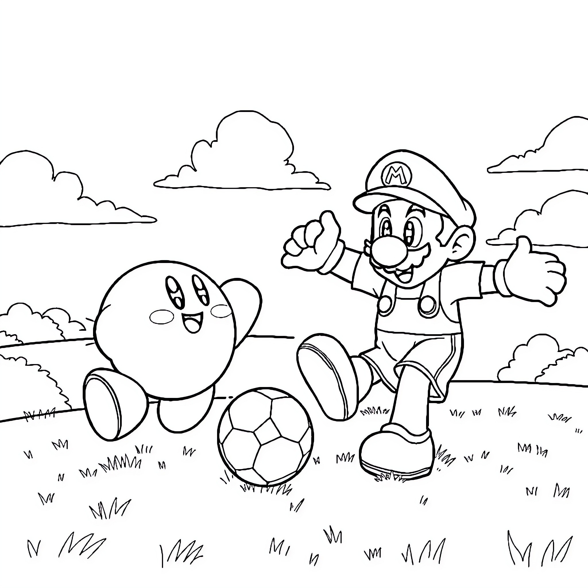 Kirby and Mario playing soccer in the park Coloring Page (free black-and-white line drawing printable PDF for all, from beginners to advanced learners, including children, teens, adults, and seniors)