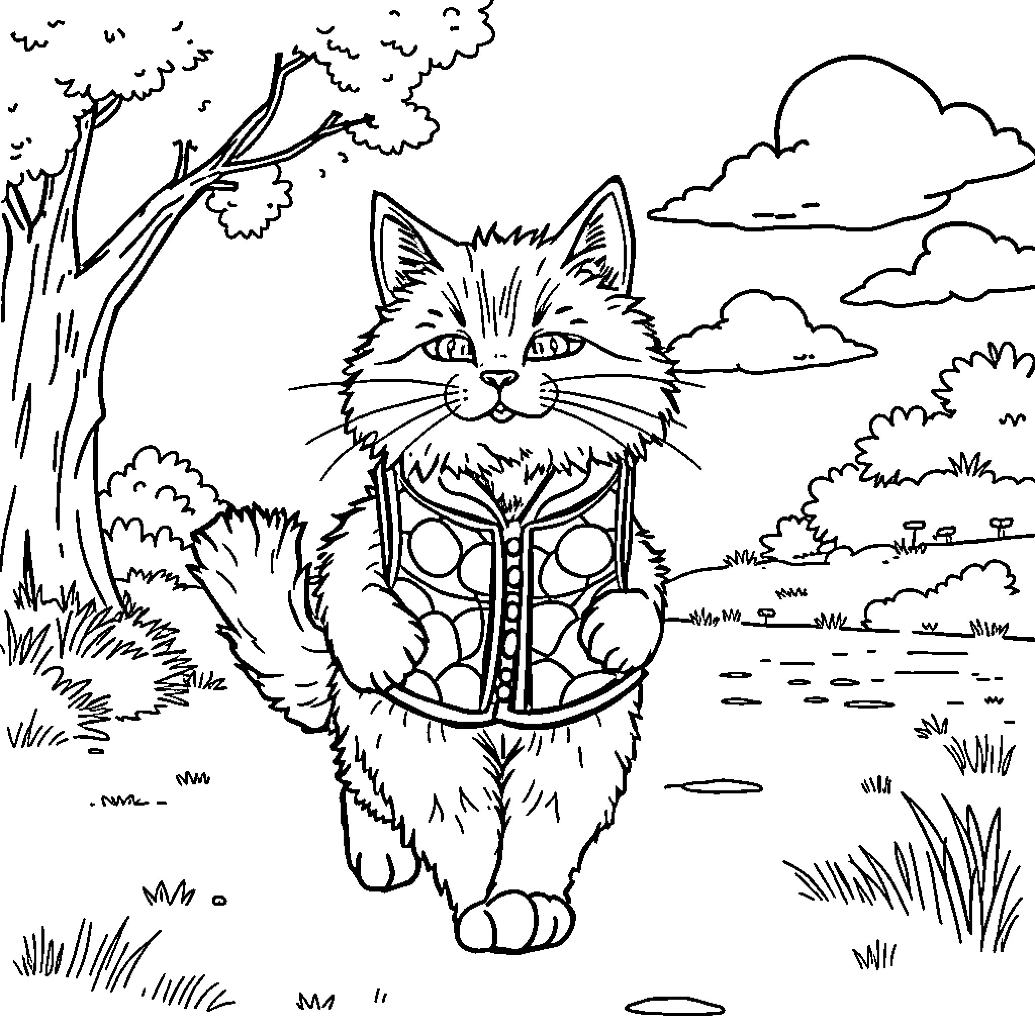 Cat exploring the outdoors in nature Coloring Page (free black-and-white line drawing printable PDF for all, from beginners to advanced learners, including children, teens, adults, and seniors)
