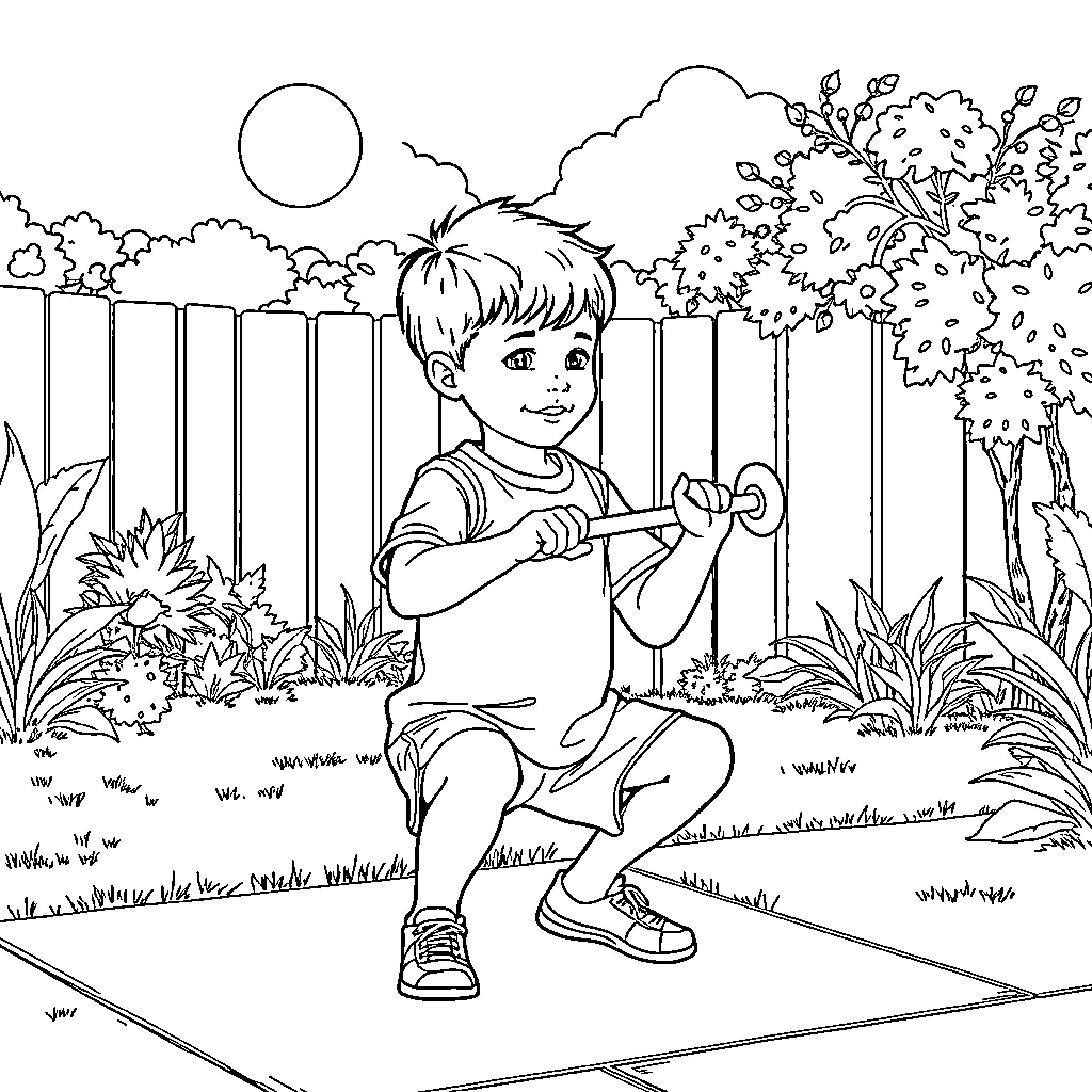 Child playing with toy in backyard Coloring Page (free black-and-white line drawing printable PDF for all, from beginners to advanced learners, including children, teens, adults, and seniors)