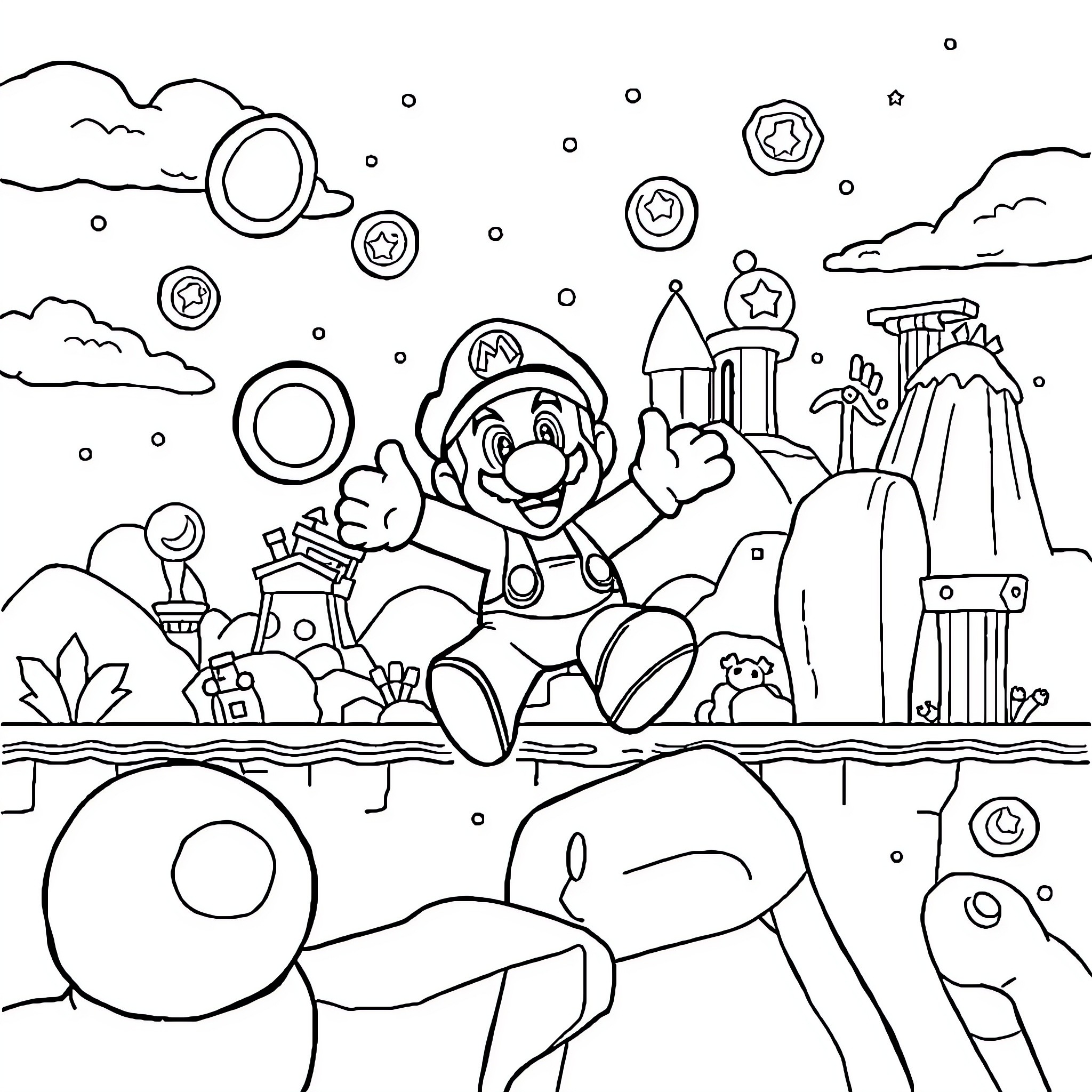 Mario's Fantastical Adventure in a Whimsical World Coloring Page (free black-and-white line drawing printable PDF for all, from beginners to advanced learners, including children, teens, adults, and seniors)