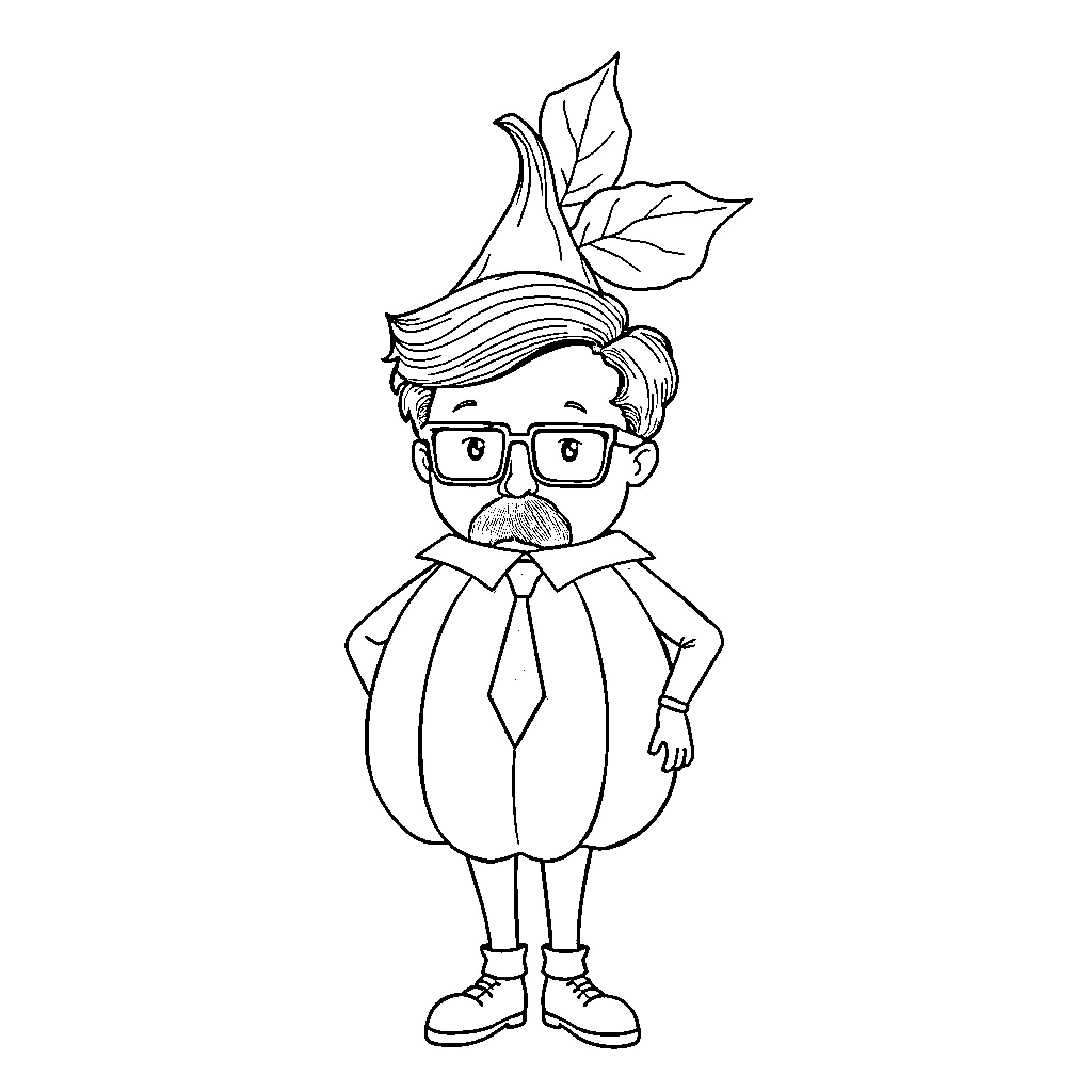 Pumpkin man wearing glasses and a tie Coloring Page (free black-and-white line drawing printable PDF for all, from beginners to advanced learners, including children, teens, adults, and seniors)