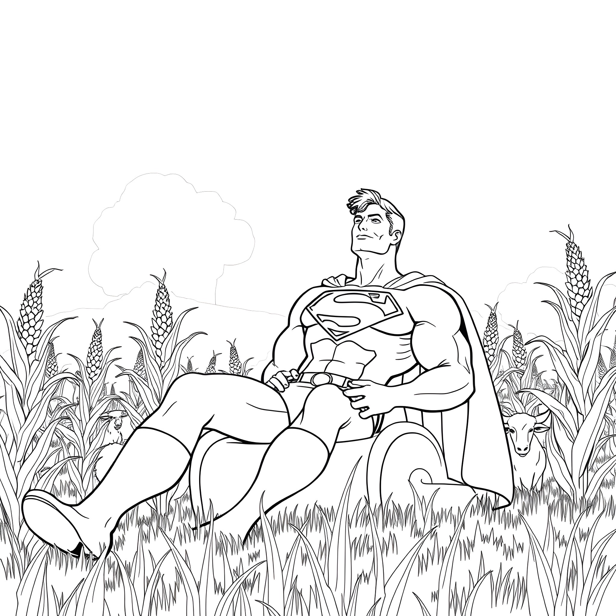 Superman resting in a field with nature Coloring Page (free black-and-white line drawing printable PDF for all, from beginners to advanced learners, including children, teens, adults, and seniors)