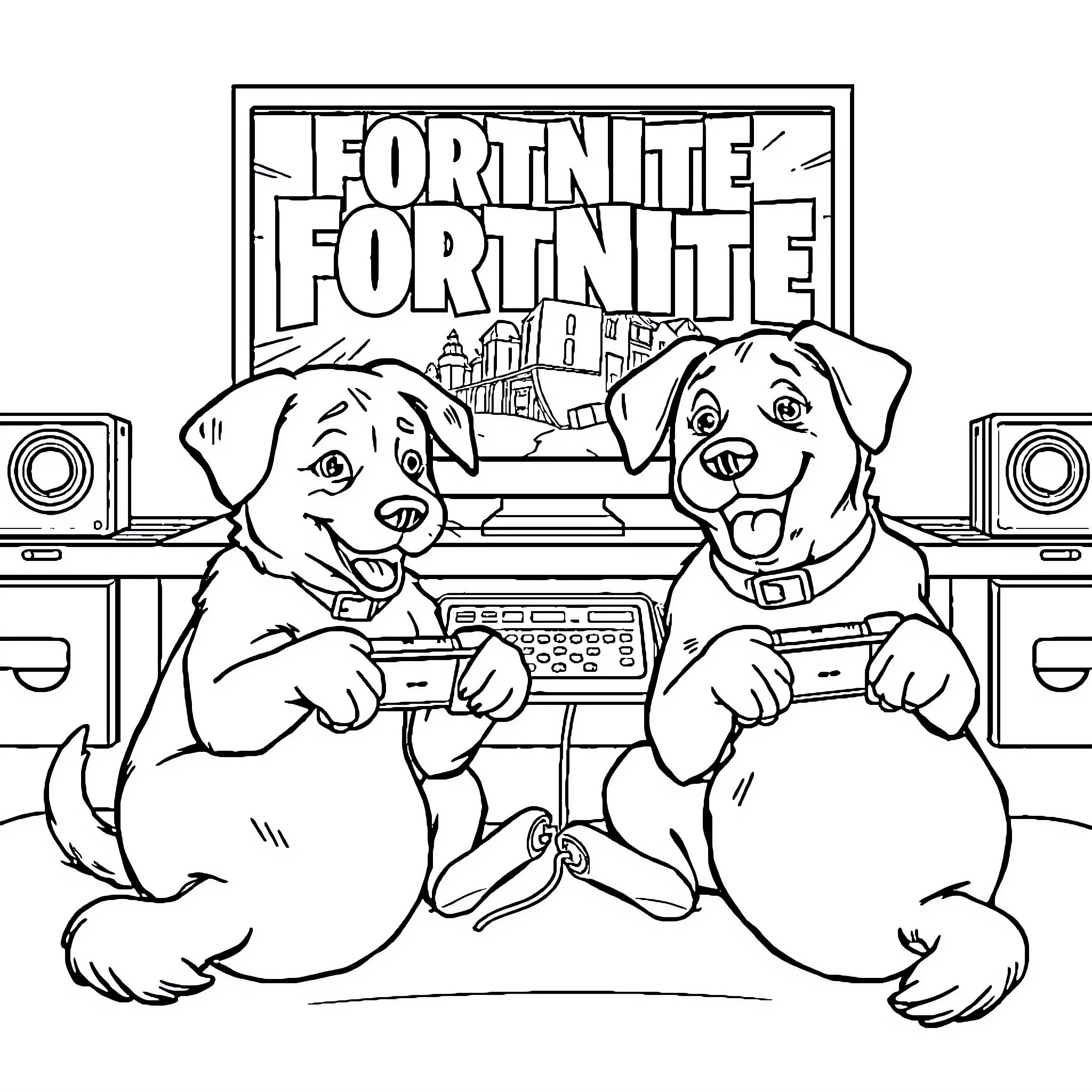 Dogs Playing Fortnite Video Game Together Coloring Page (free black-and-white line drawing printable PDF for all, from beginners to advanced learners, including children, teens, adults, and seniors)
