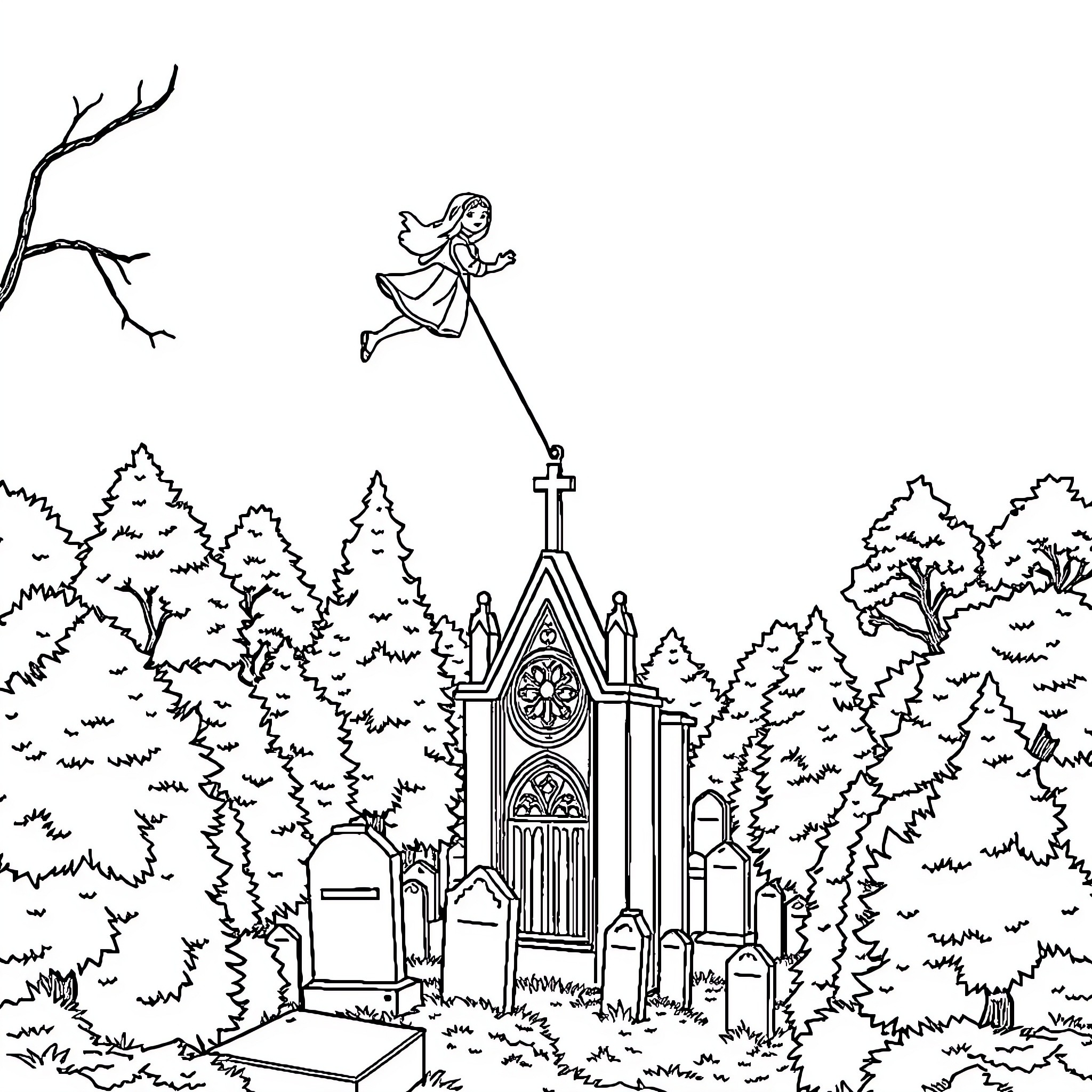 Mercredi in a magical forest scene Coloring Page (free black-and-white line drawing printable PDF for all, from beginners to advanced learners, including children, teens, adults, and seniors)
