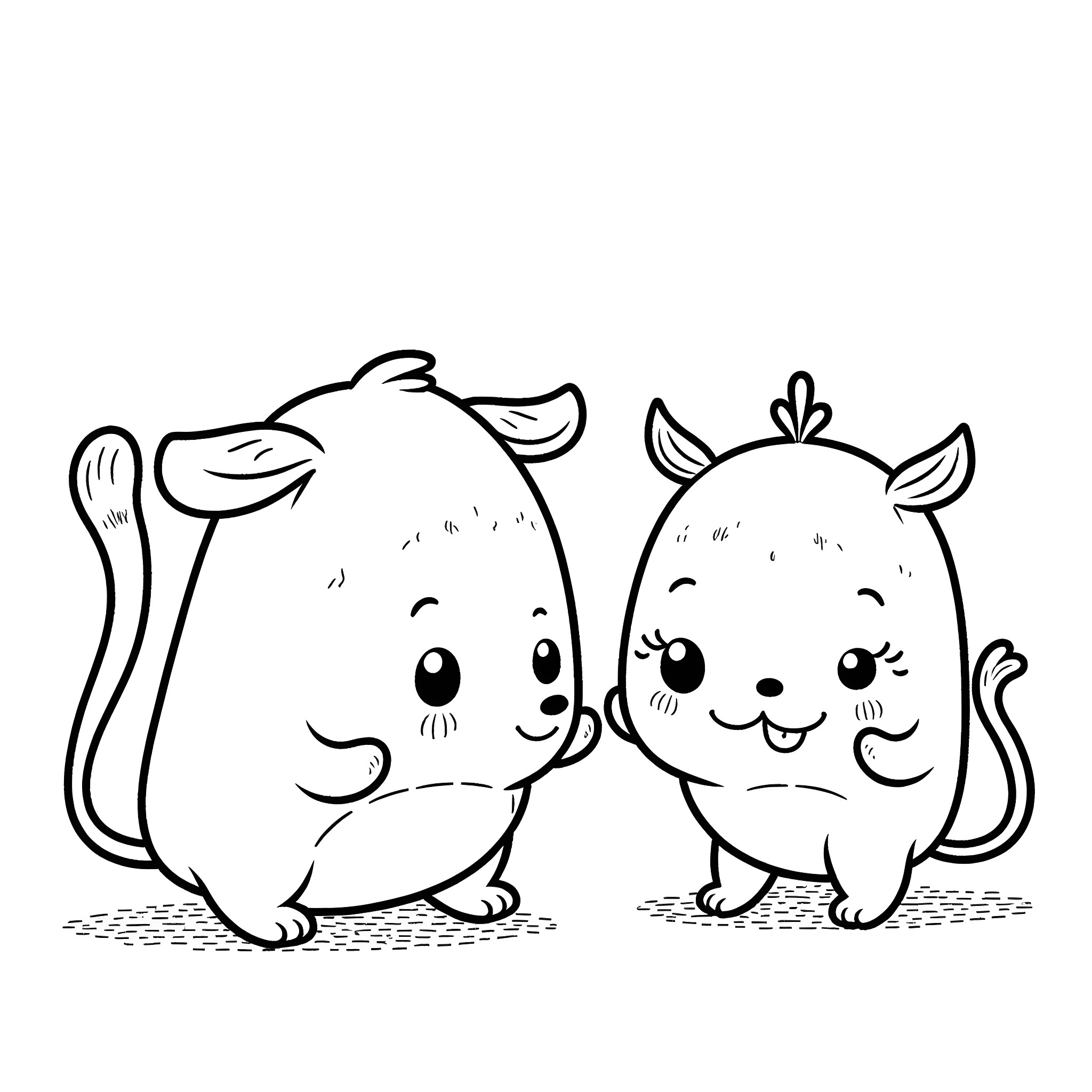 Plimplim duo of cuddly critters Coloring Page (free black-and-white line drawing printable PDF for all, from beginners to advanced learners, including children, teens, adults, and seniors)