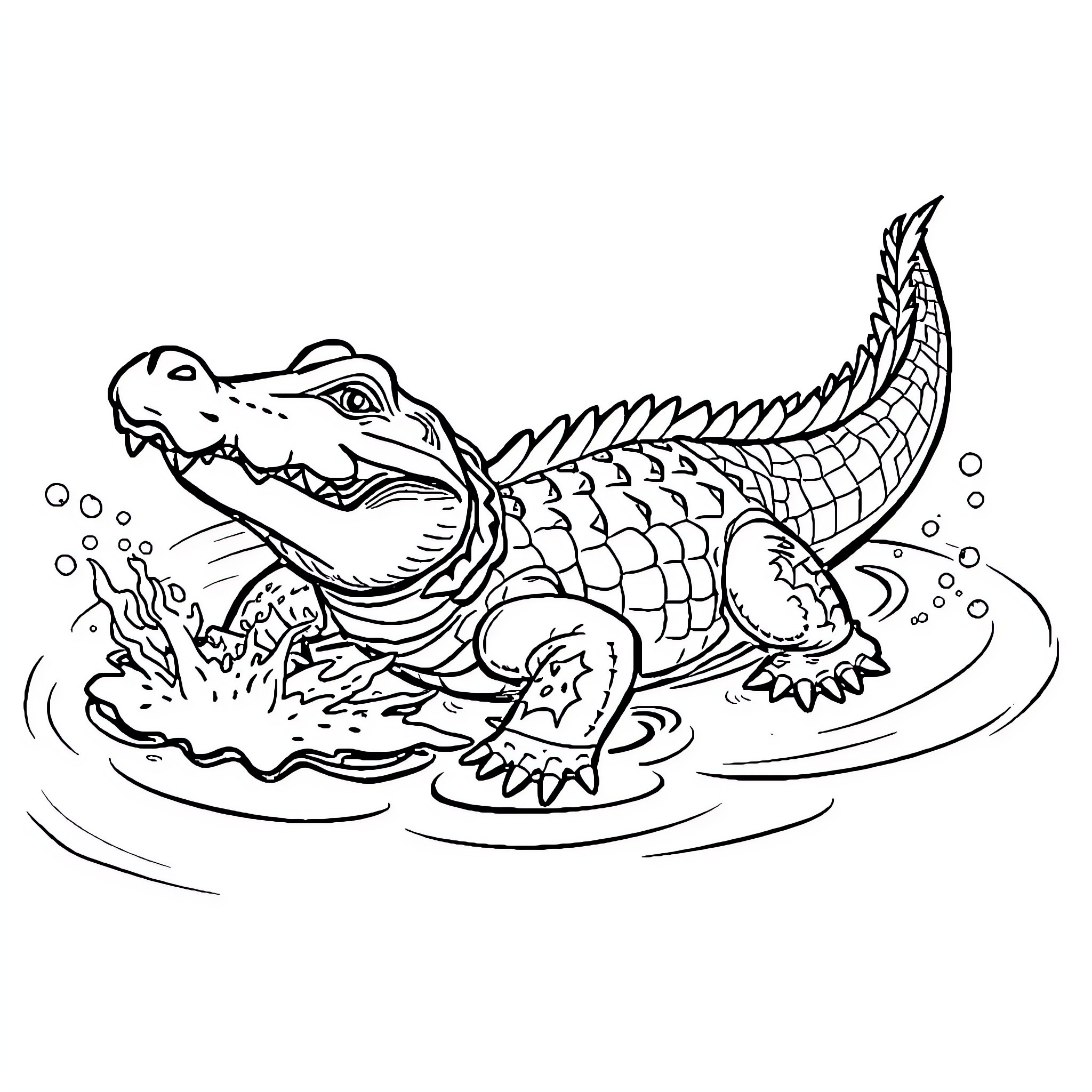 Crocodile swimming aggressively in the water Coloring Page (free black-and-white line drawing printable PDF for all, from beginners to advanced learners, including children, teens, adults, and seniors)