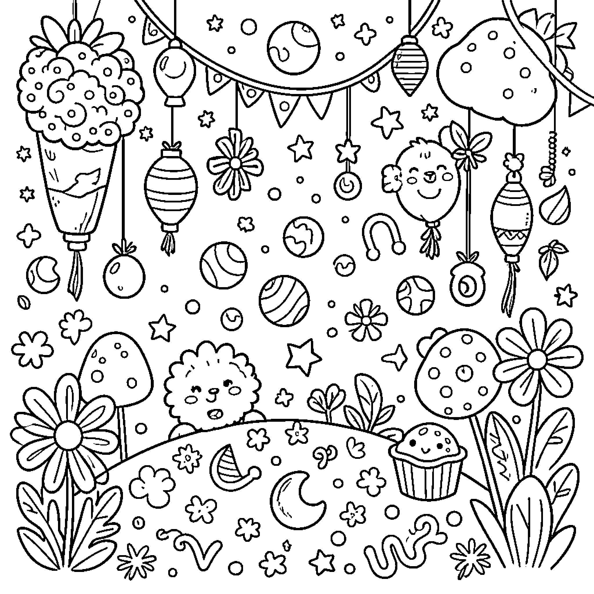 Whimsy of Playful Shapes and Designs Coloring Page (free black-and-white line drawing printable PDF for all, from beginners to advanced learners, including children, teens, adults, and seniors)