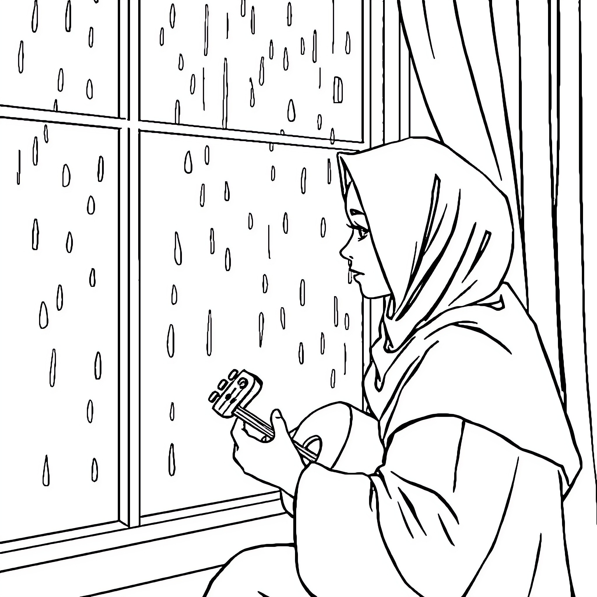Girl in hijab looking out window during rainy day Coloring Page (free black-and-white line drawing printable PDF for all, from beginners to advanced learners, including children, teens, adults, and seniors)