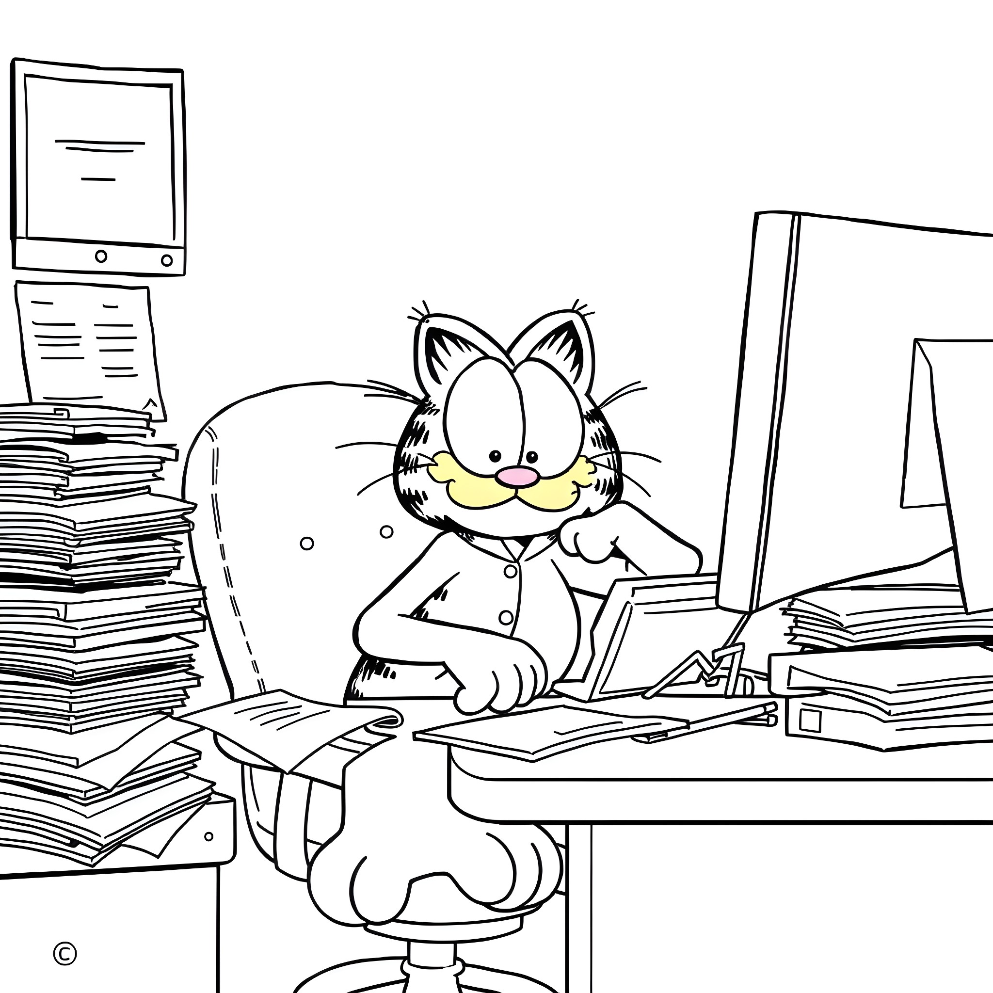Garfield working diligently at the computer Coloring Page (free black-and-white line drawing printable PDF for all, from beginners to advanced learners, including children, teens, adults, and seniors)