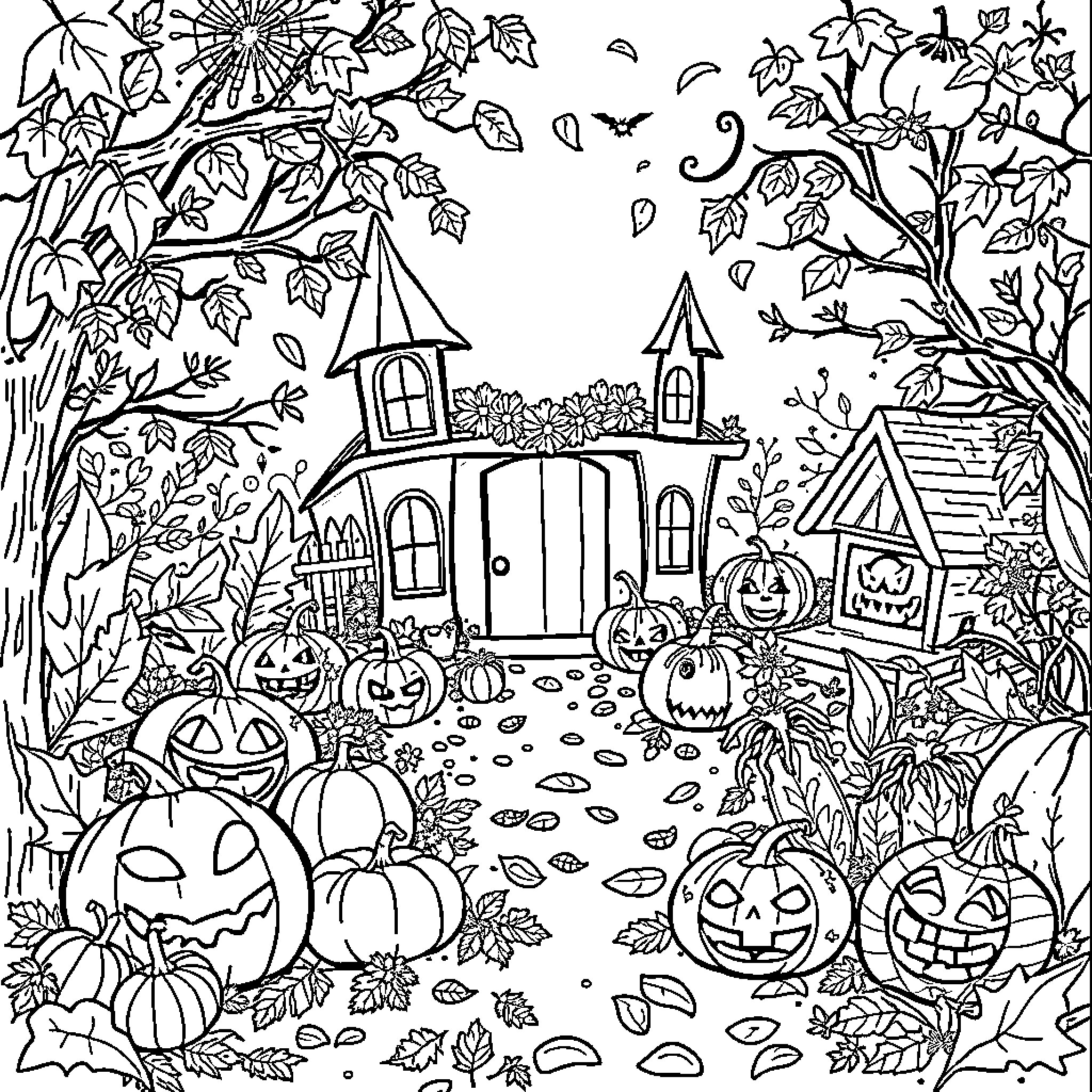 Fall Festive Pumpkin Scene with Haunted House Coloring Page (free black-and-white line drawing printable PDF for all, from beginners to advanced learners, including children, teens, adults, and seniors)