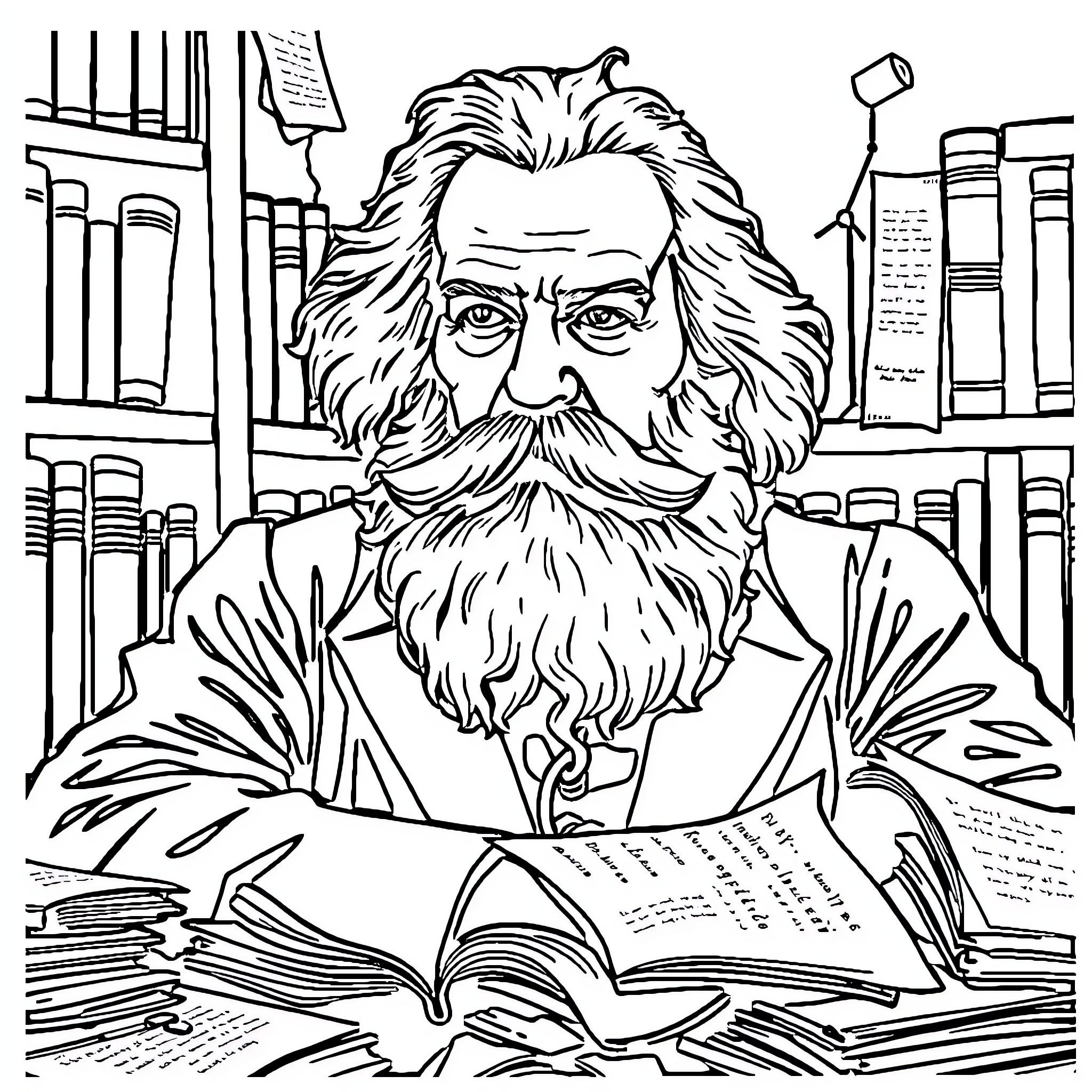 Karl Marx poring over books in a library Coloring Page (free black-and-white line drawing printable PDF for all, from beginners to advanced learners, including children, teens, adults, and seniors)