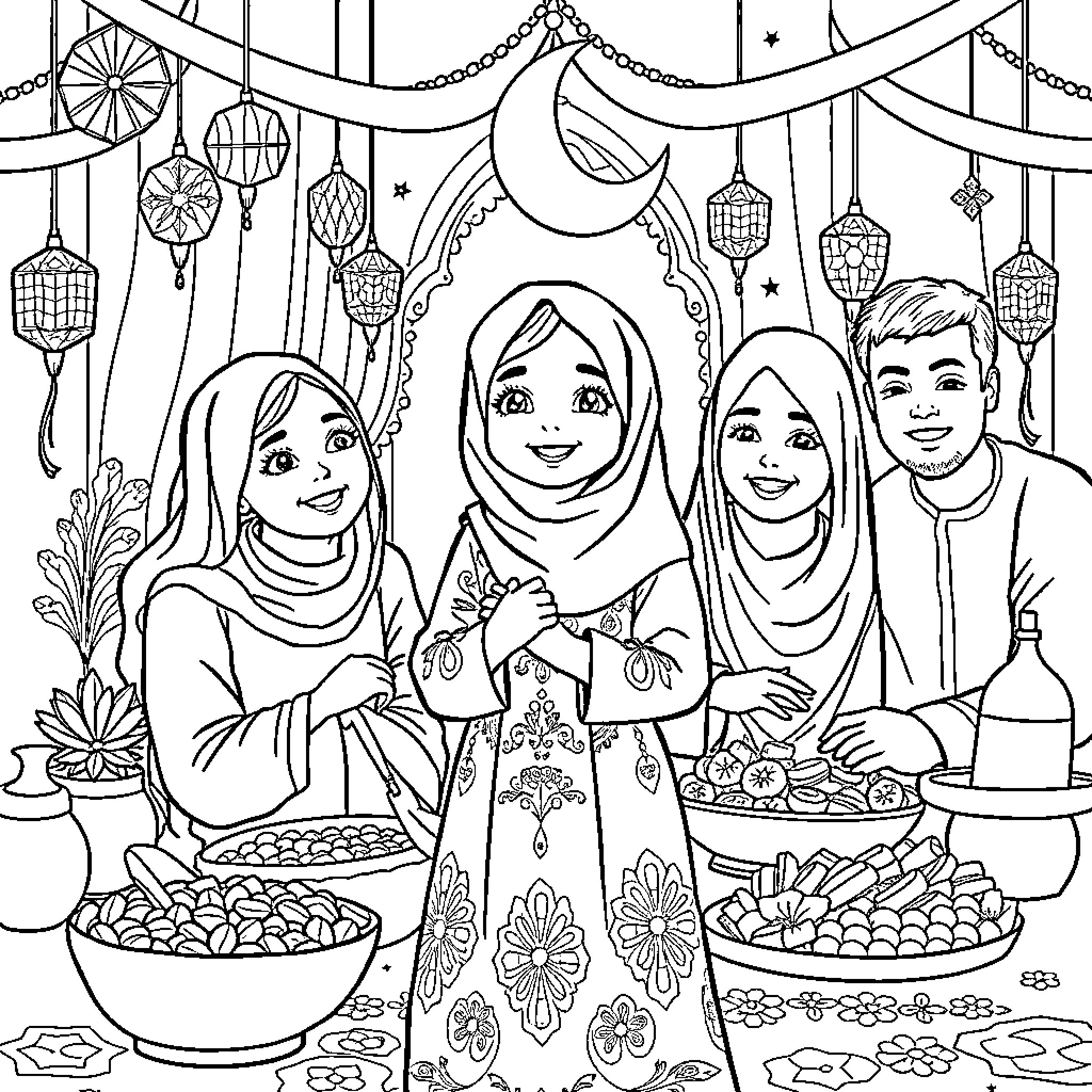 Girl and family celebrate Eid in festive setting Coloring Page (free black-and-white line drawing printable PDF for all, from beginners to advanced learners, including children, teens, adults, and seniors)