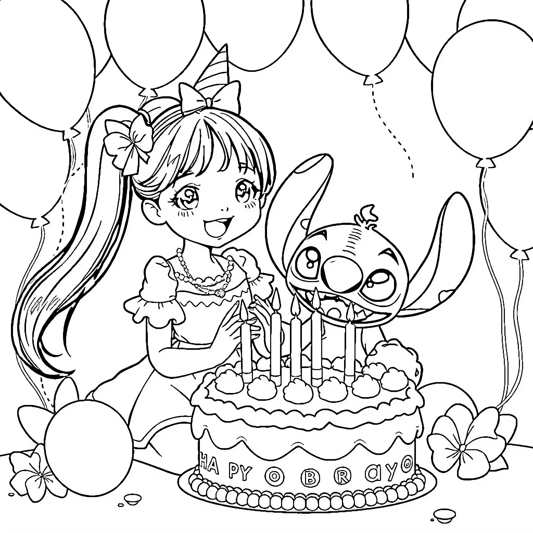 Kuromi's Birthday Celebration with Cute Friends Coloring Page (free black-and-white line drawing printable PDF for all, from beginners to advanced learners, including children, teens, adults, and seniors)
